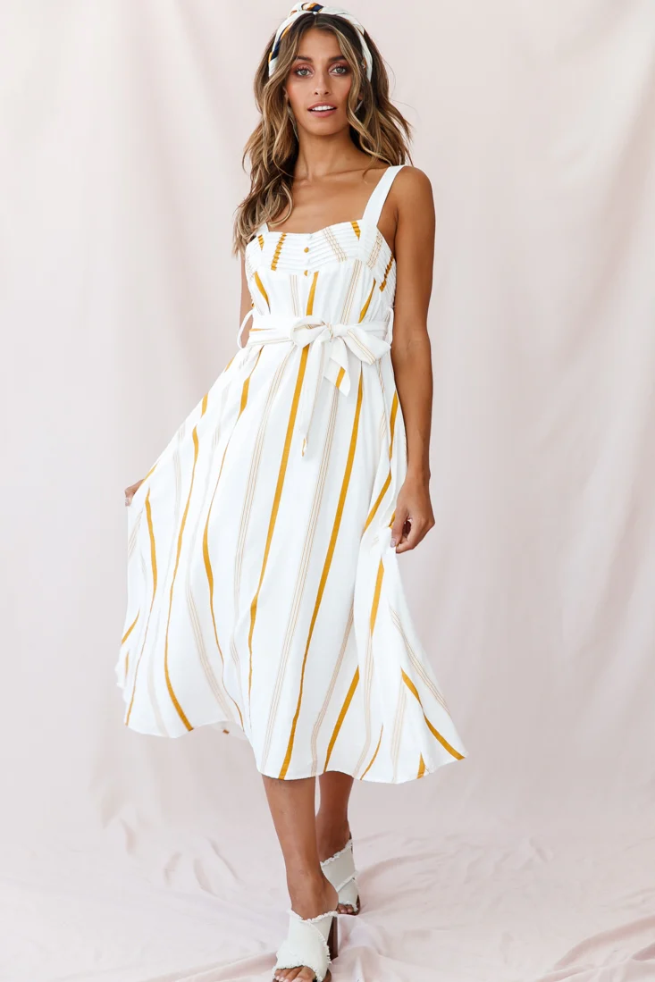 Colmar Wide Strap Midi Dress White Mustard Stripe - Image 7