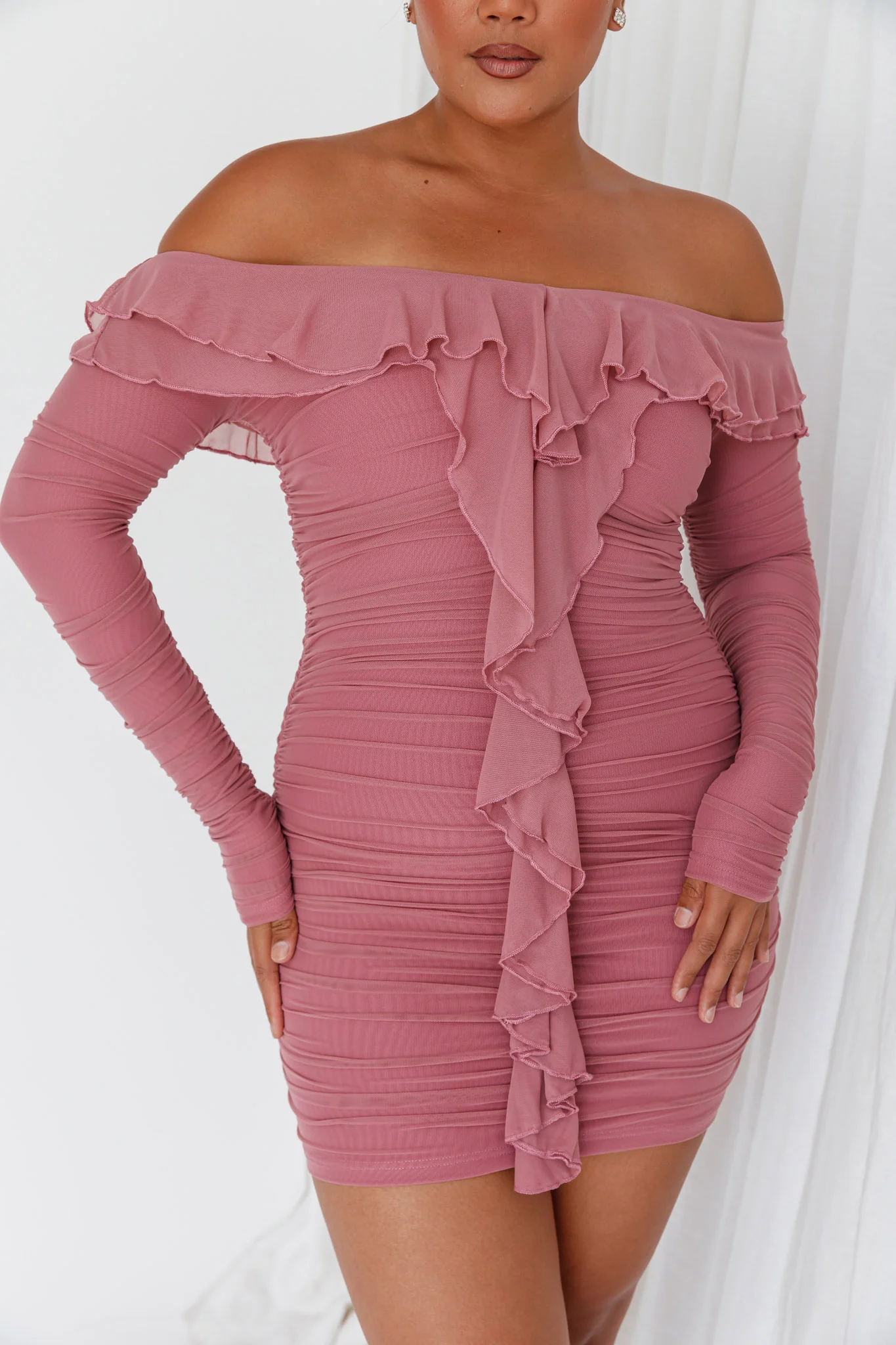 Confession Off-Shoulder Long Sleeve Mini Dress Mauve - Image 4