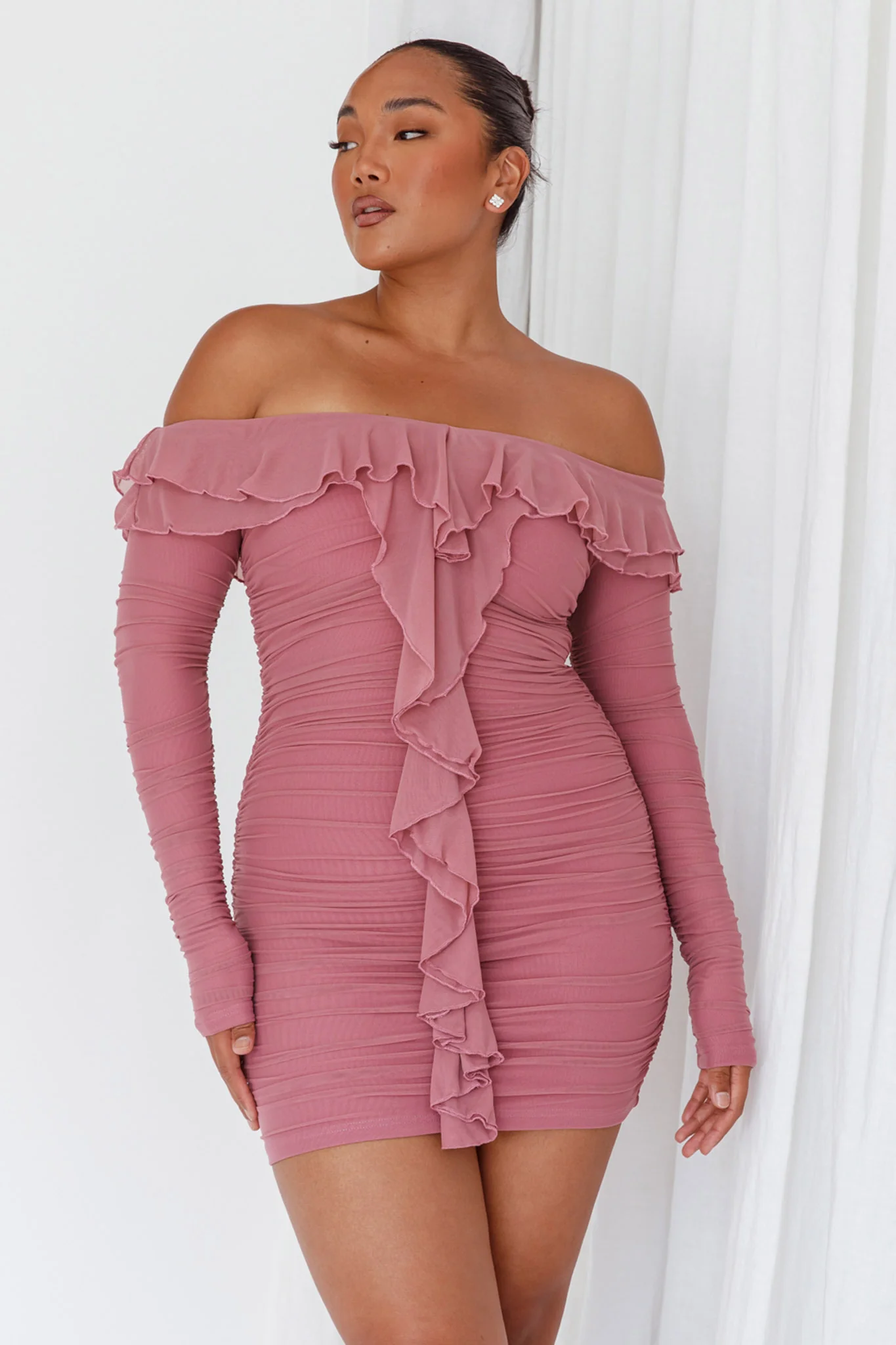 Confession Off-Shoulder Long Sleeve Mini Dress Mauve - Image 5