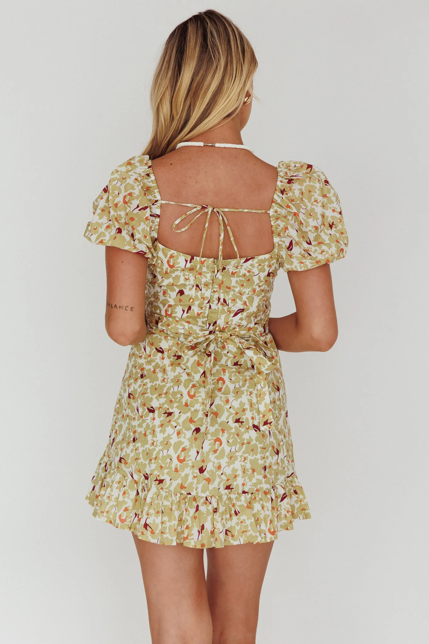 Connie Puff Sleeve Mini Dress Floral Olive - Image 2