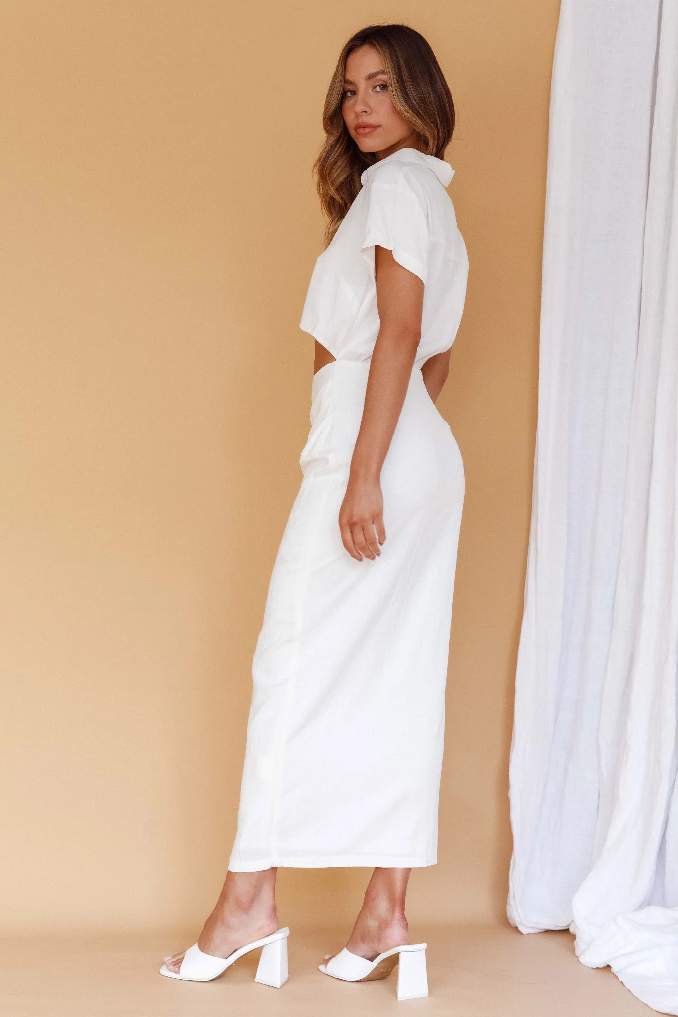 Cool It Cut-Out Waist Button Midi Dress Bone - Image 7