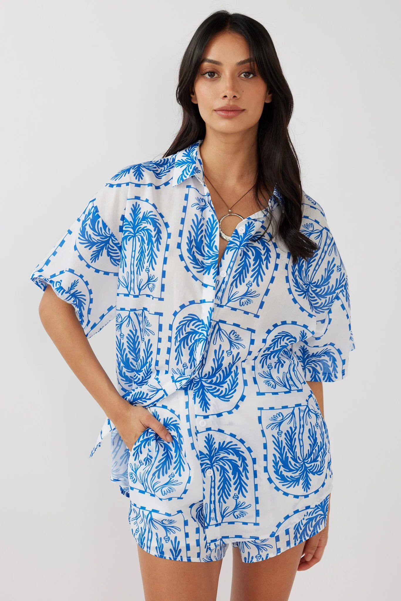 Cora Elastic Waist Shorts Print Blue White - Image 4
