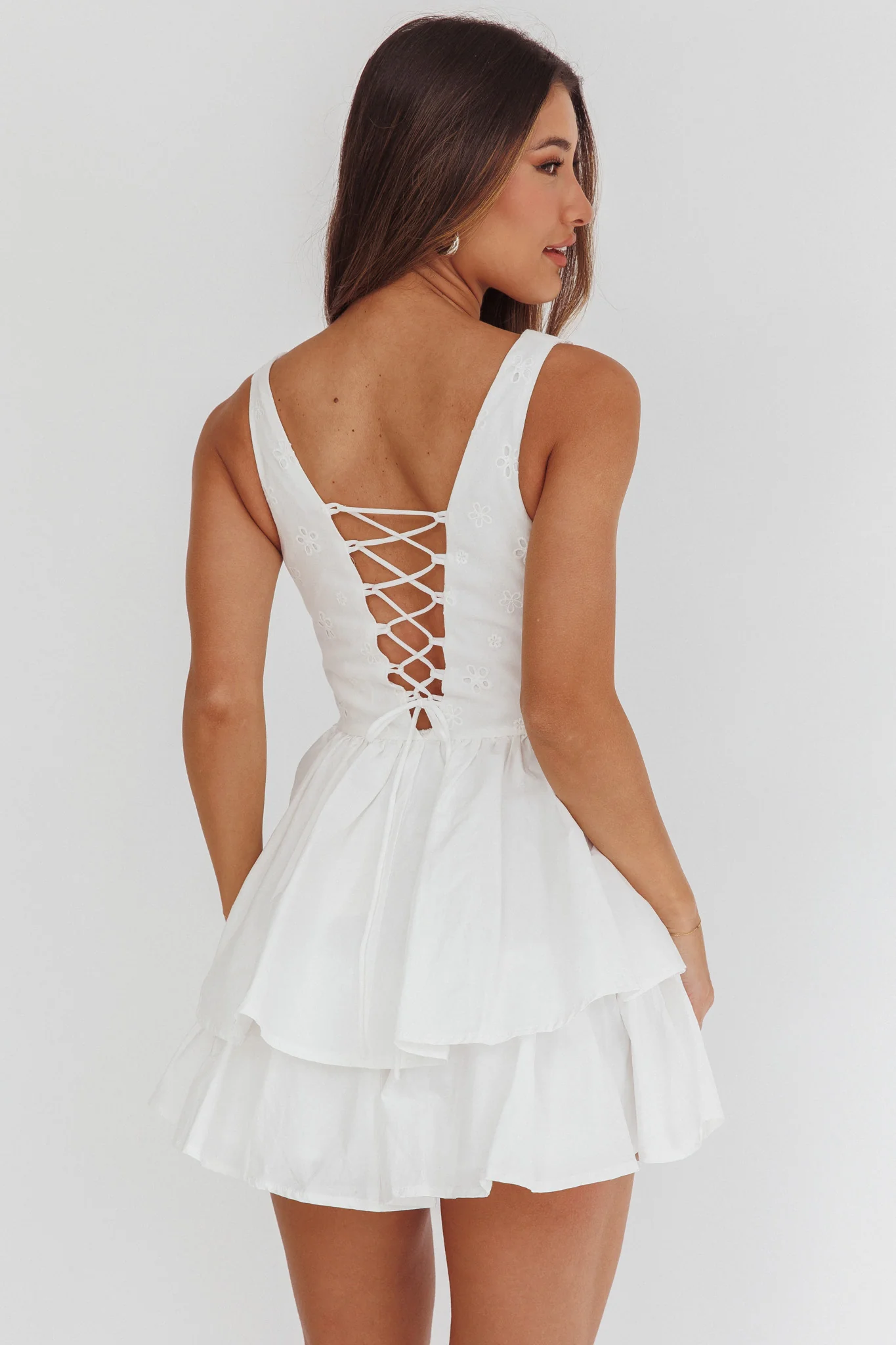 Corella Tied Bust Layered Hem Mini Dress White - Image 2