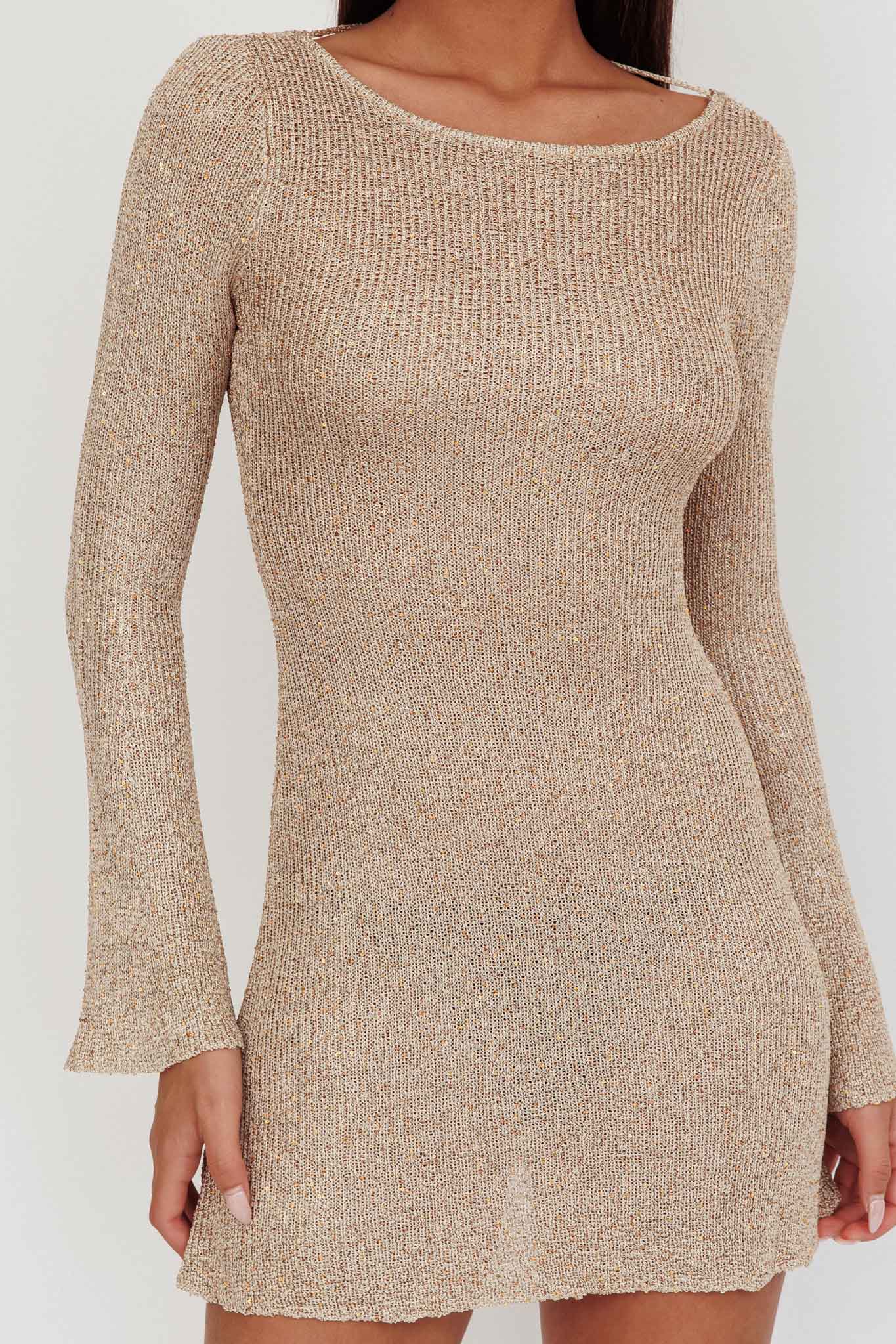 Cosmic Scoop Back Sequin Knit Mini Dress Gold - Image 4