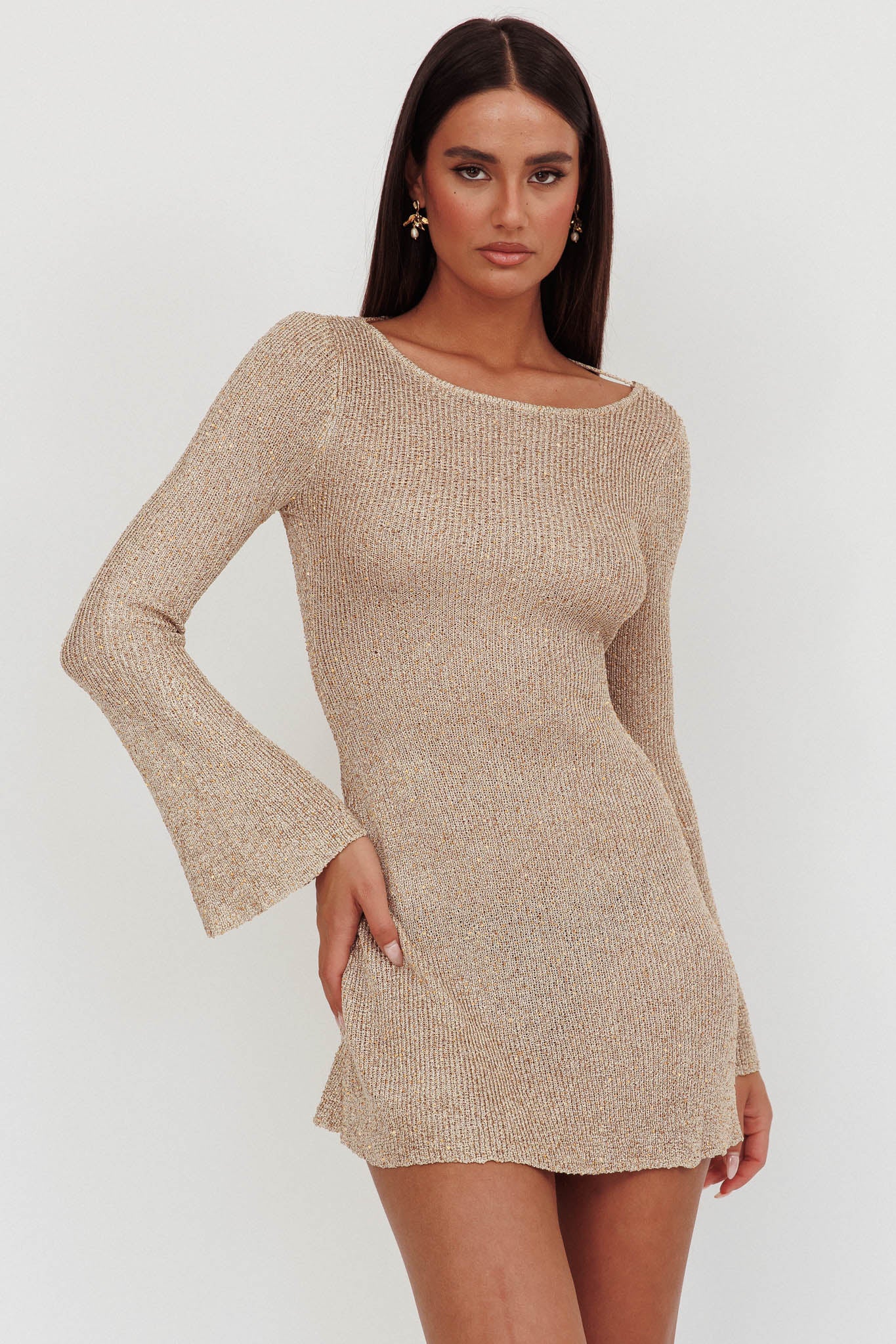 Cosmic Scoop Back Sequin Knit Mini Dress Gold - Image 6