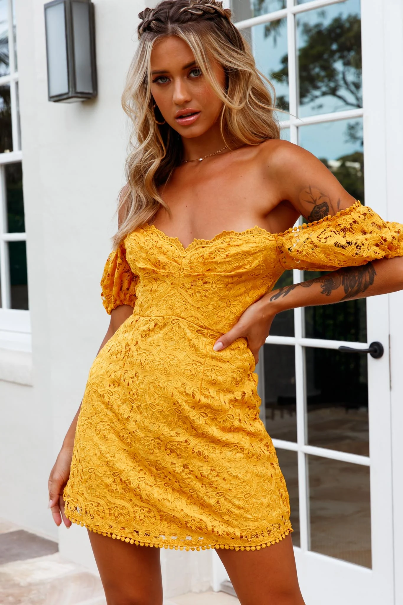 Costa Mesa Puff Sleeve Lace Overlay Dress Yellow - Image 6