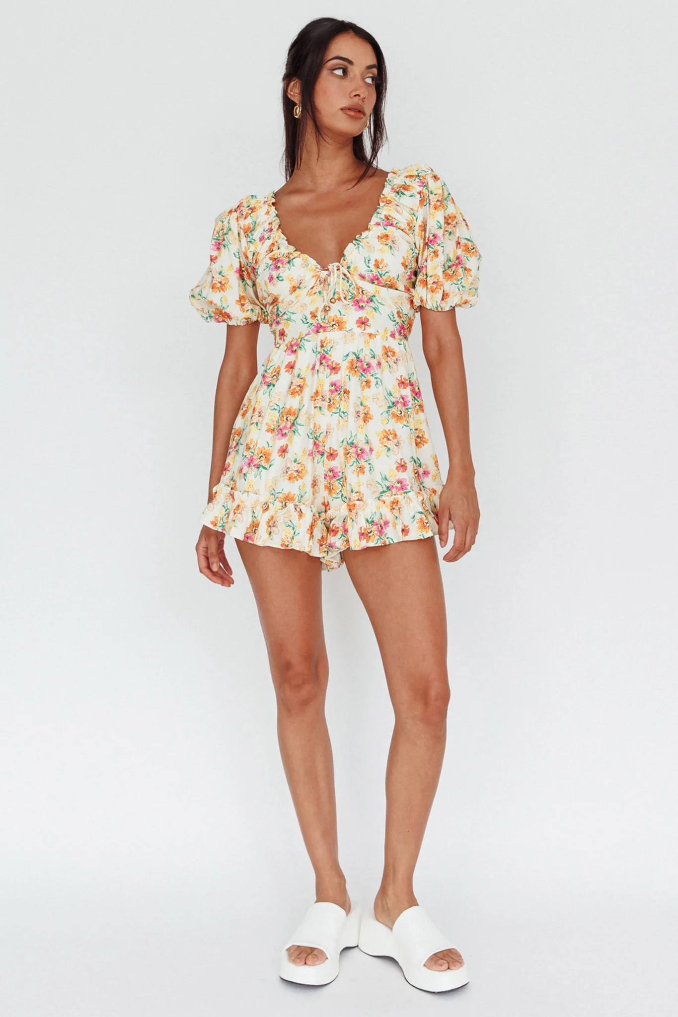 Costa Rica Puff Sleeve Romper Floral Beige - Image 3