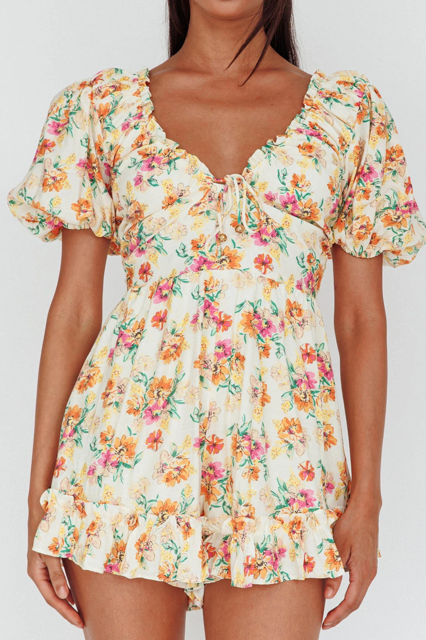 Costa Rica Puff Sleeve Romper Floral Beige - Image 4