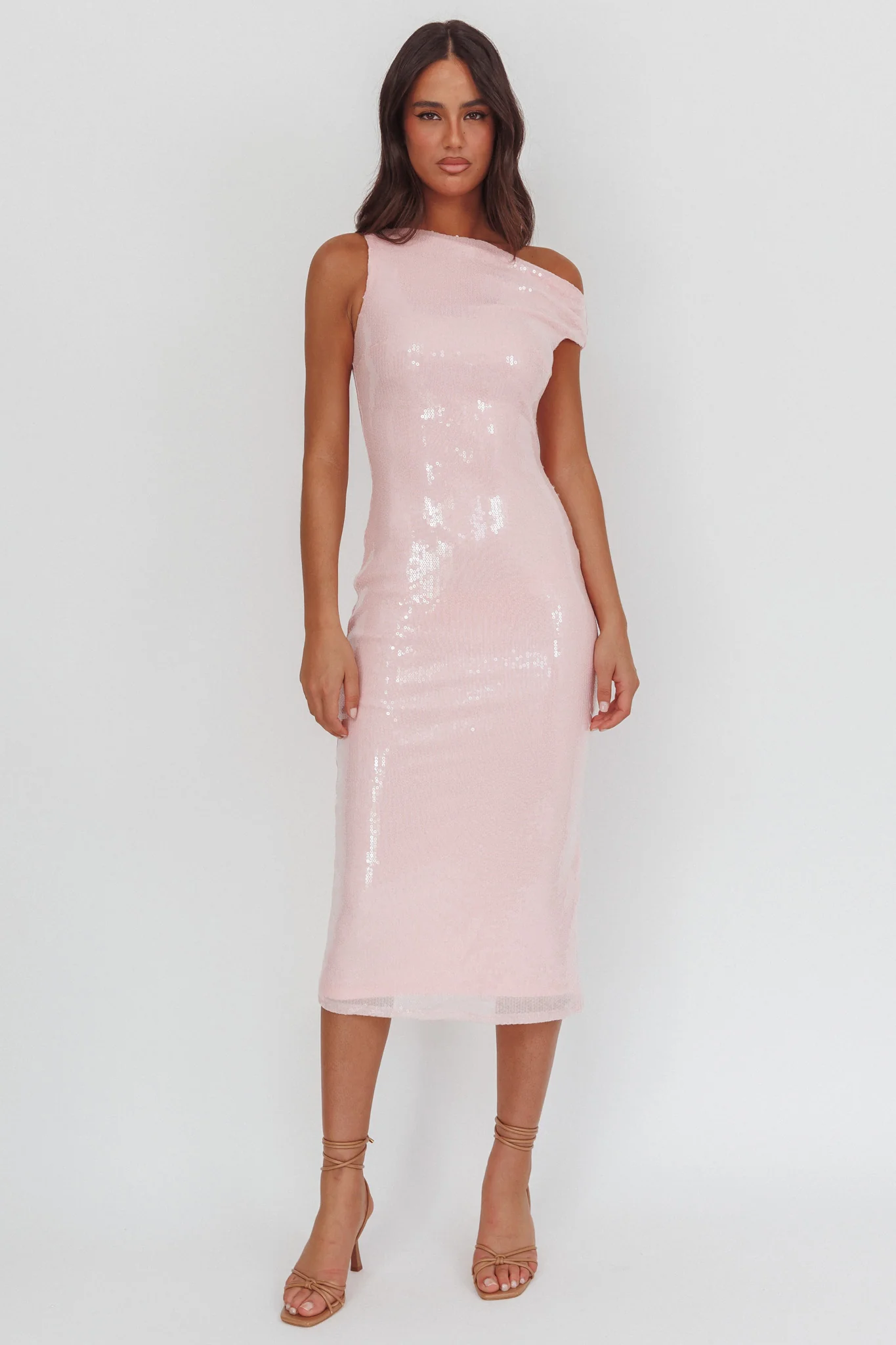Country Club Asymmetric Neckline Midi Dress Sequin Blush - Image 4