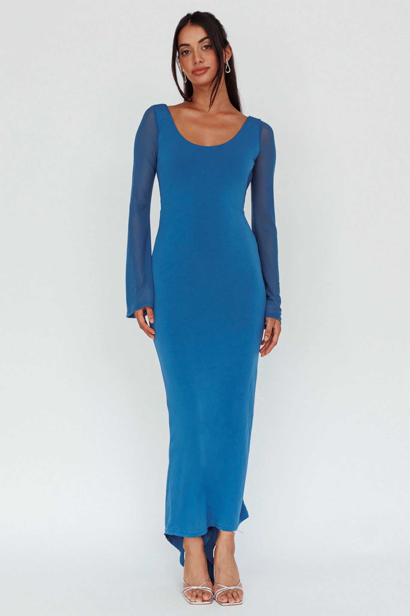 Crystal Ball Open Back Ruched Maxi Dress Blue - Image 3