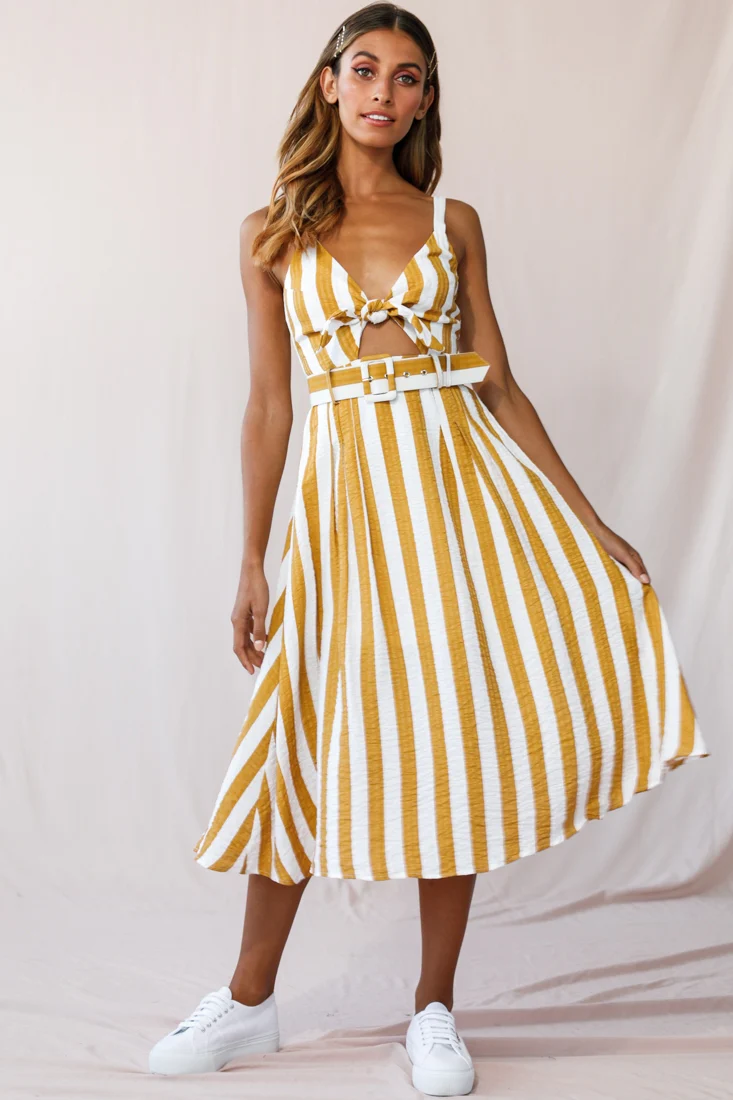 Crystal Tied Knot Belt Midi Dress Mustard - Image 2