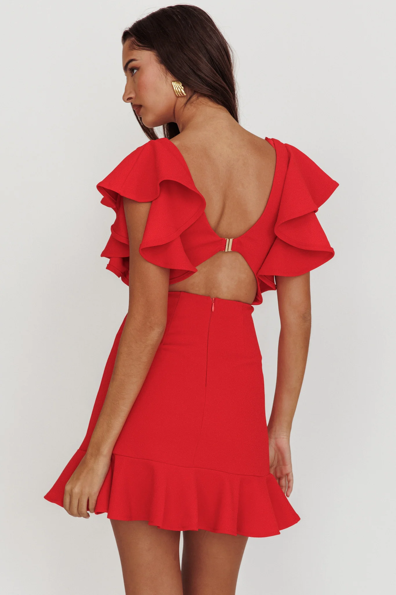 Cupid's Bow V-Neckline Ruffle Shoulder Bodycon Dress Red - Image 2