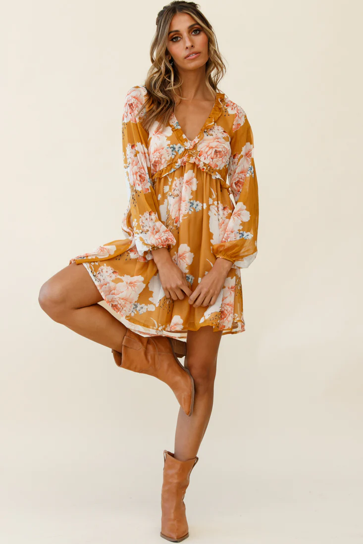 Cutie Pie Long Sleeve Babydoll Dress Rose Print Mustard - Image 2