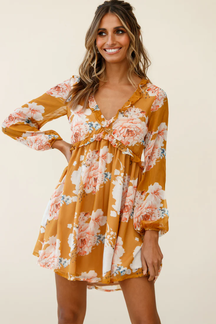 Cutie Pie Long Sleeve Babydoll Dress Rose Print Mustard - Image 3