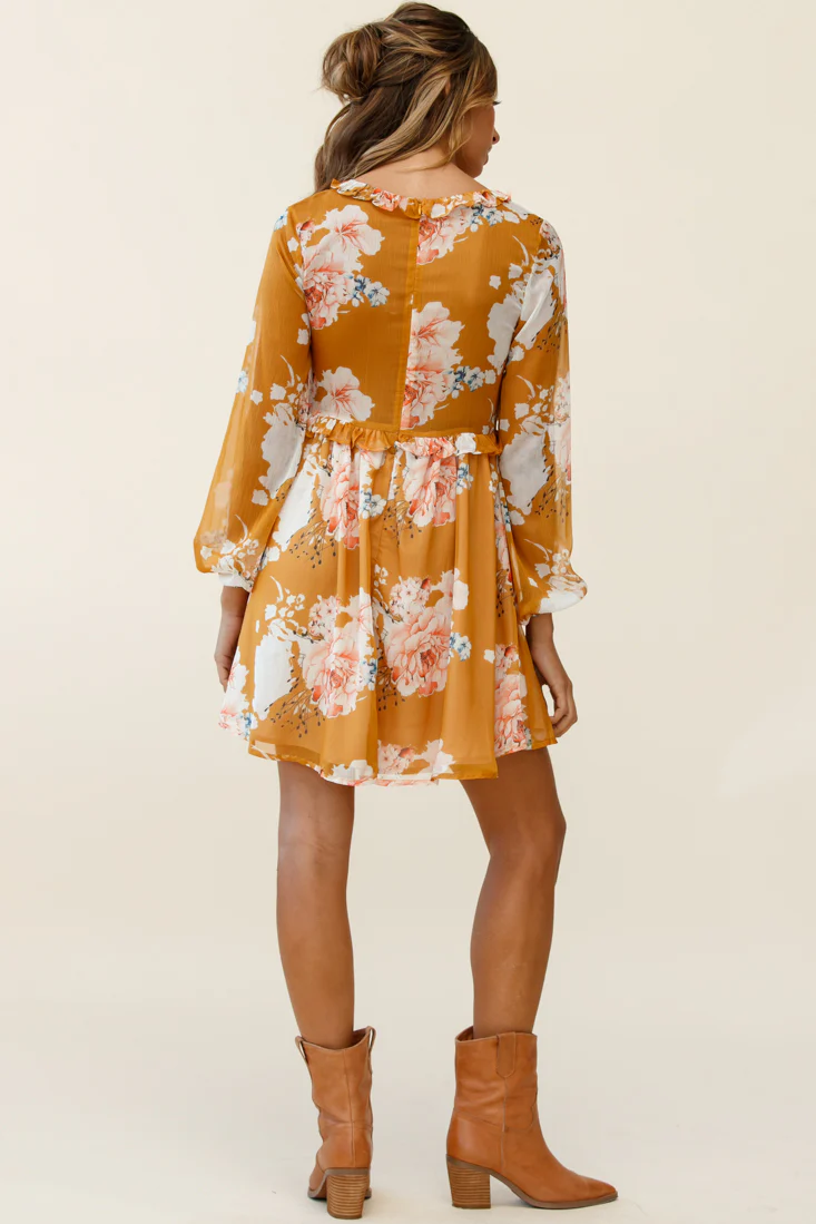 Cutie Pie Long Sleeve Babydoll Dress Rose Print Mustard - Image 4