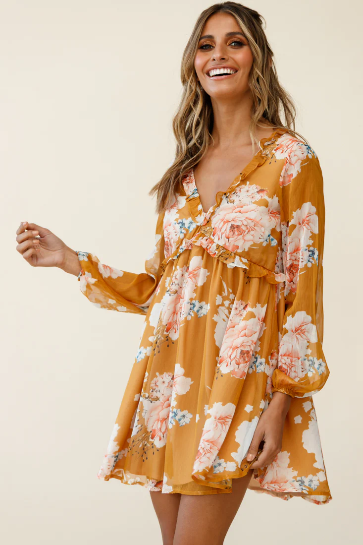Cutie Pie Long Sleeve Babydoll Dress Rose Print Mustard - Image 5