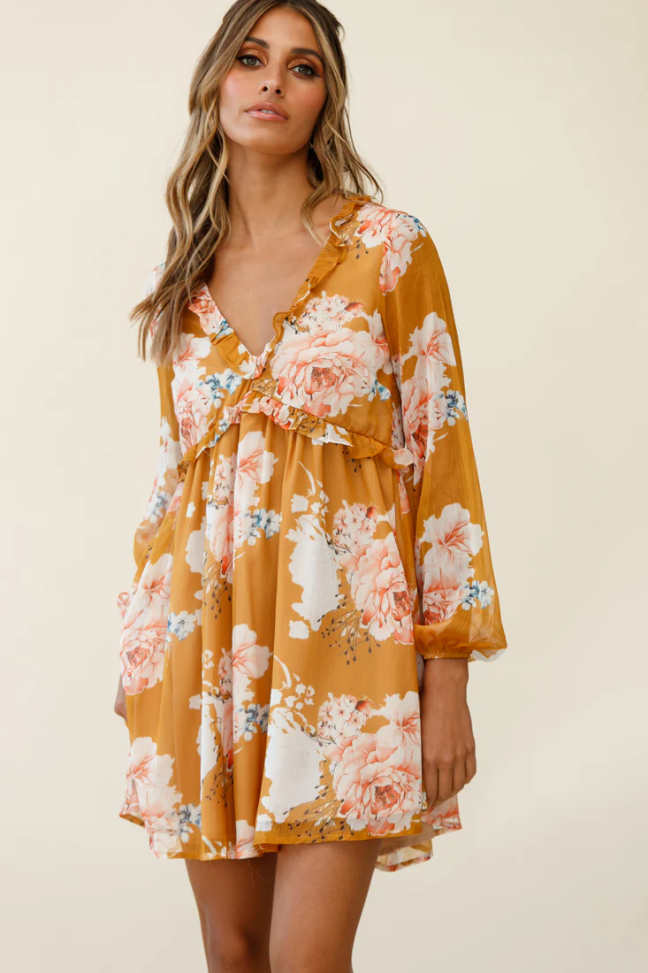 Cutie Pie Long Sleeve Babydoll Dress Rose Print Mustard - Image 7