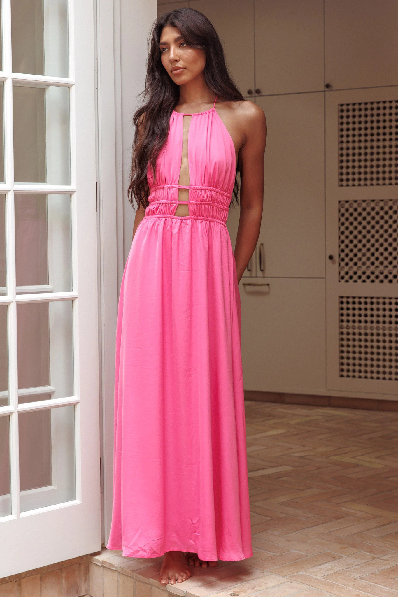 Cyndi Open Back Halterneck Maxi Dress Hot Pink - Image 3