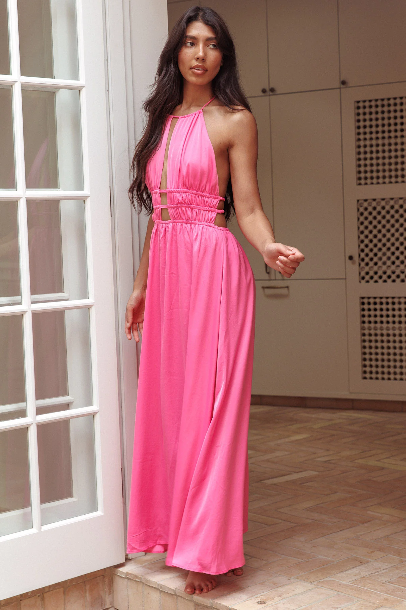 Cyndi Open Back Halterneck Maxi Dress Hot Pink - Image 5