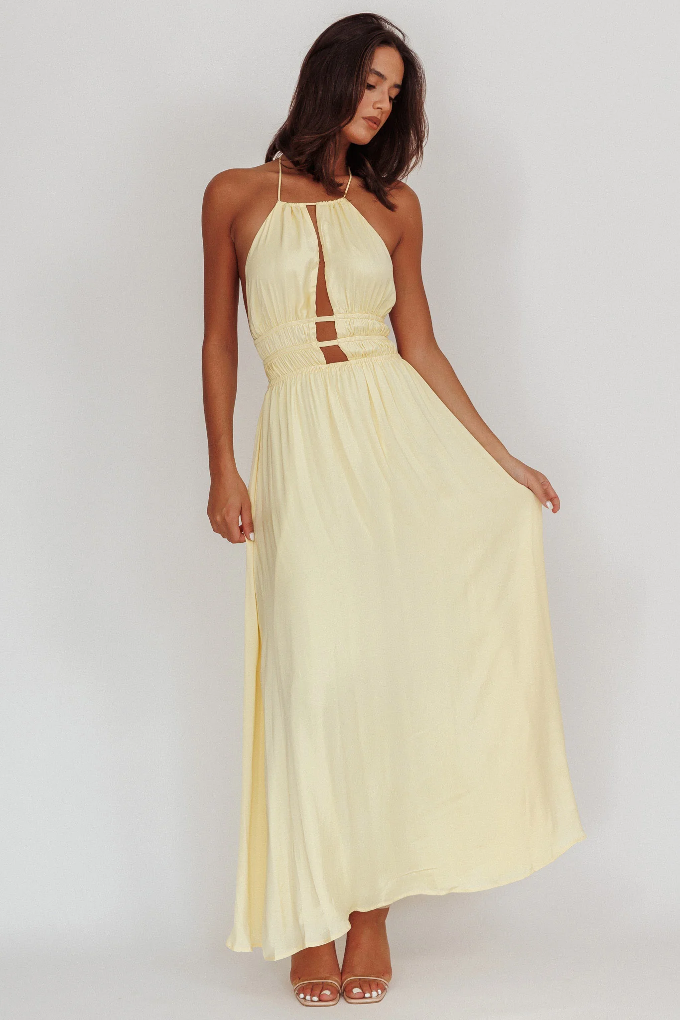 Cyndi Open Back Halterneck Maxi Dress Light Yellow - Image 5