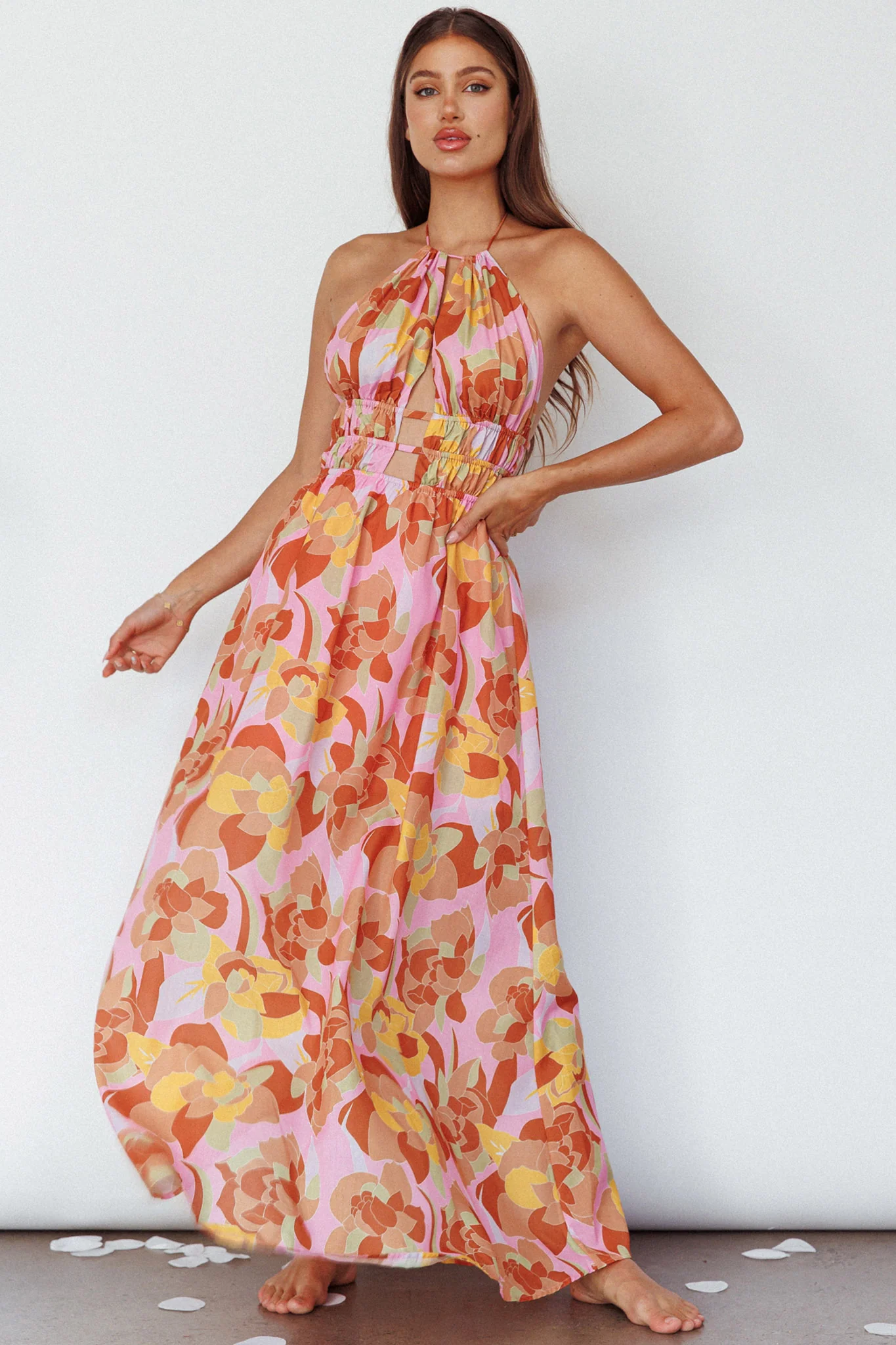 Cyndi Open Back Halterneck Maxi Dress Pink Multi - Image 5