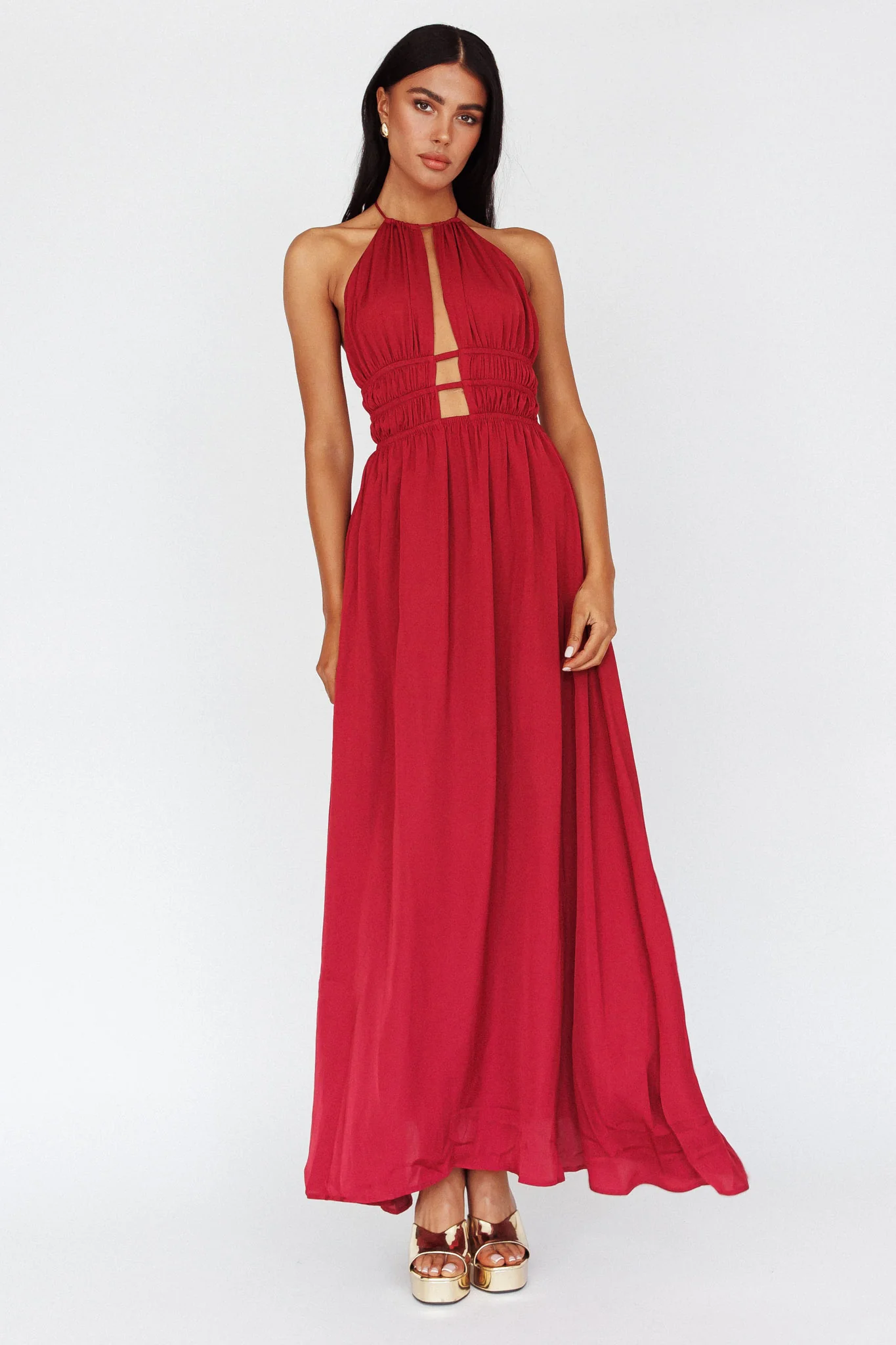 Cyndi Open Back Halterneck Maxi Dress Wine - Image 3