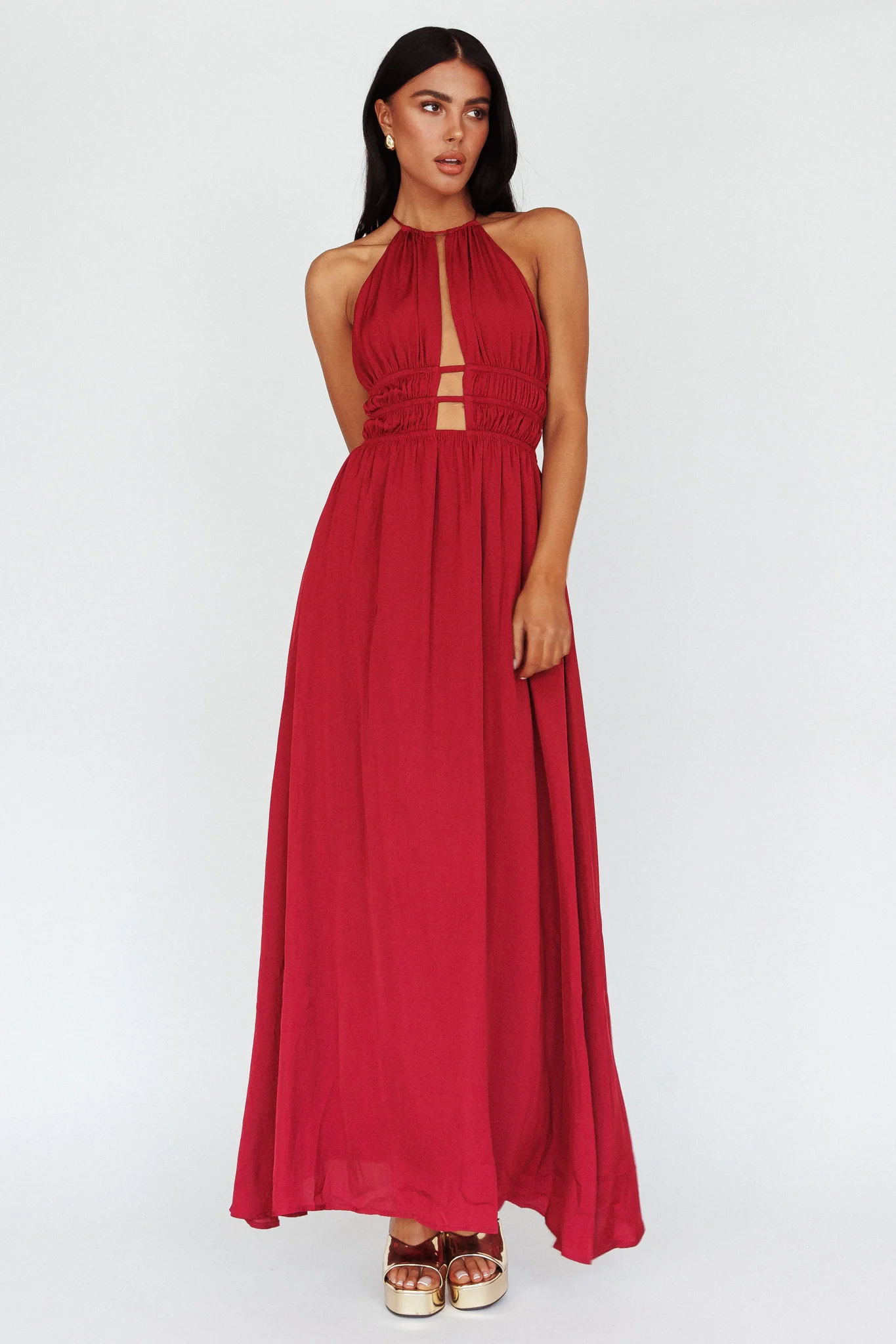 Cyndi Open Back Halterneck Maxi Dress Wine - Image 5