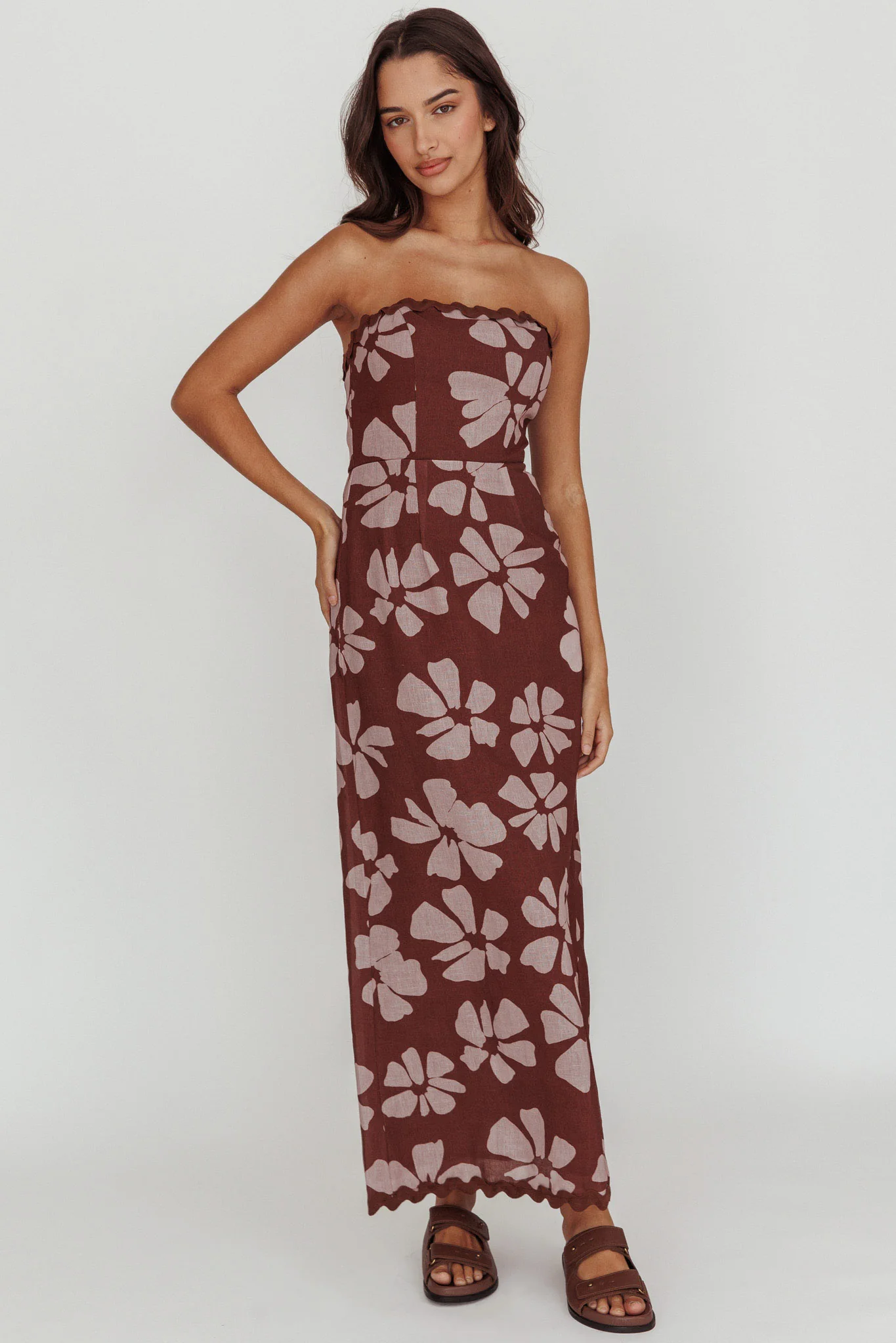 Cypress Floral Strapless Maxi Dress Brown - Image 3