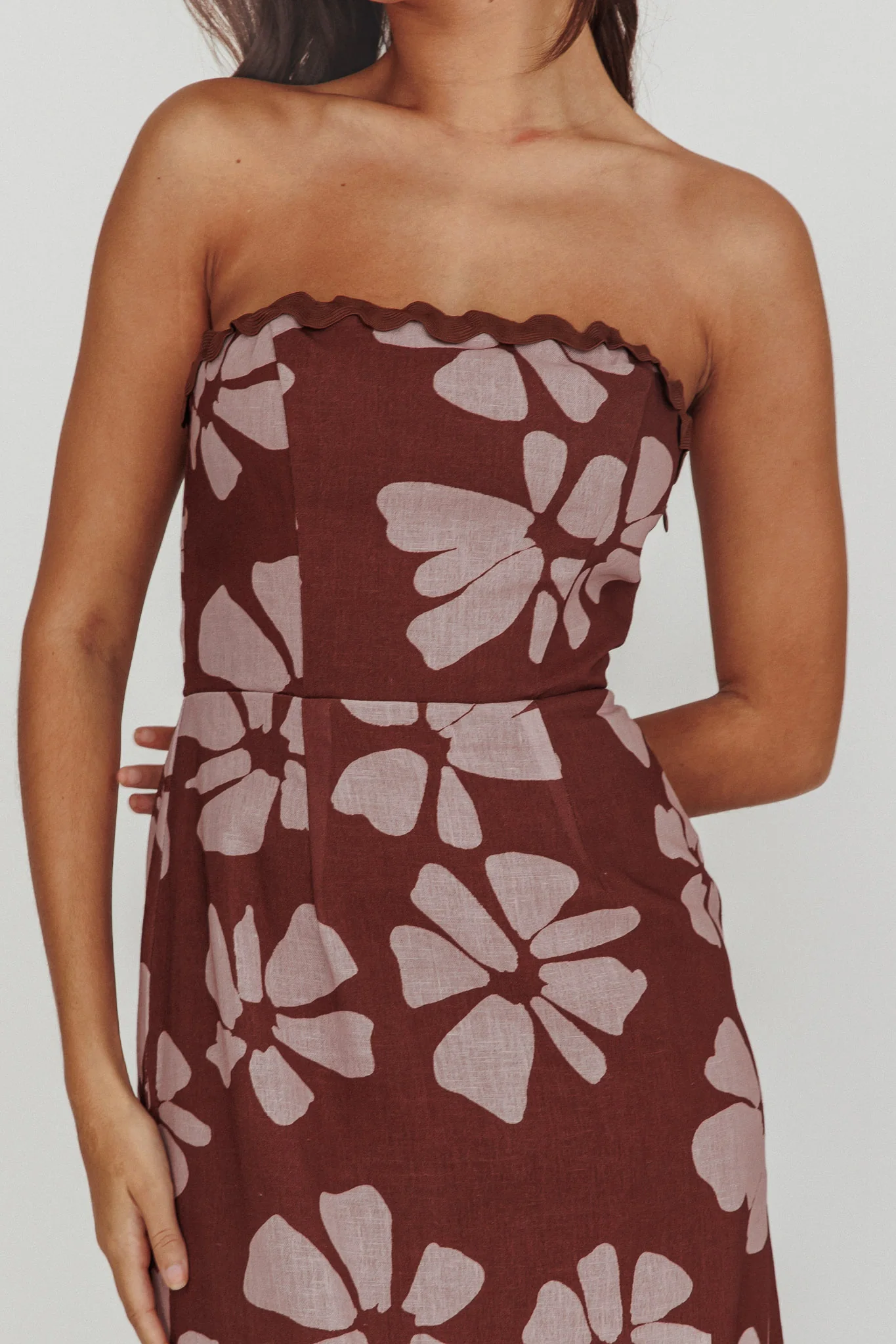 Cypress Floral Strapless Maxi Dress Brown - Image 4