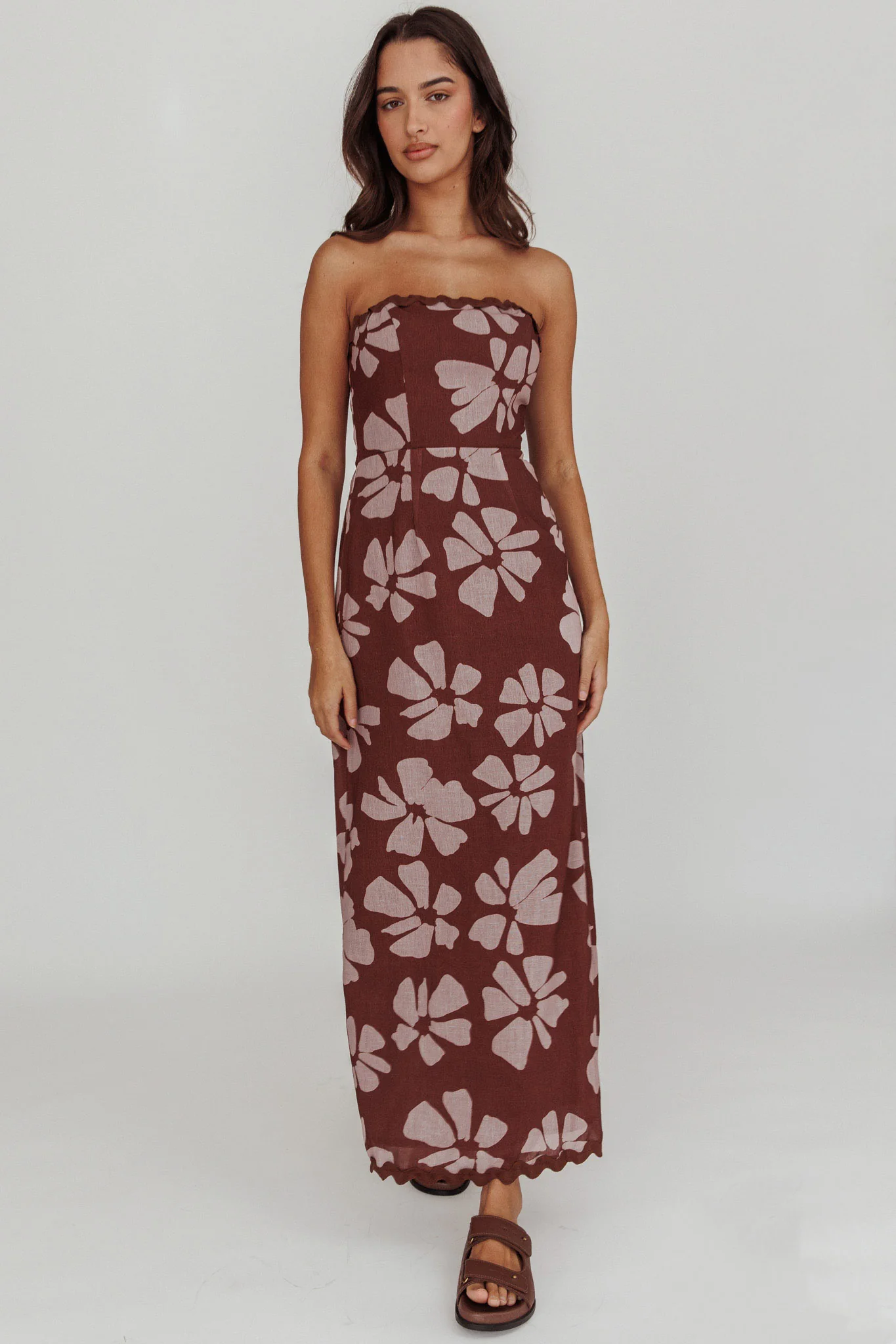 Cypress Floral Strapless Maxi Dress Brown - Image 5