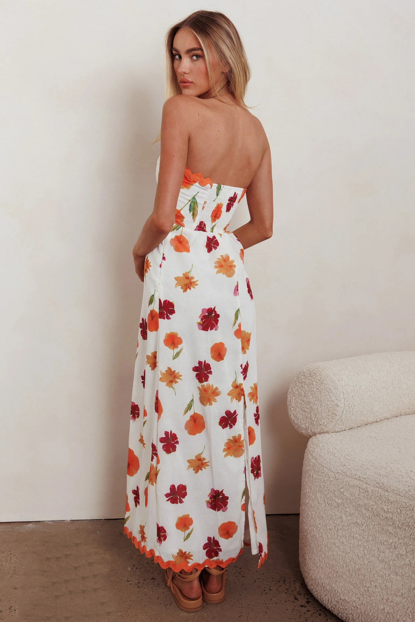 Cypress Ric Rac Trim Floral Strapless Maxi Dress Orange Multi - Image 2