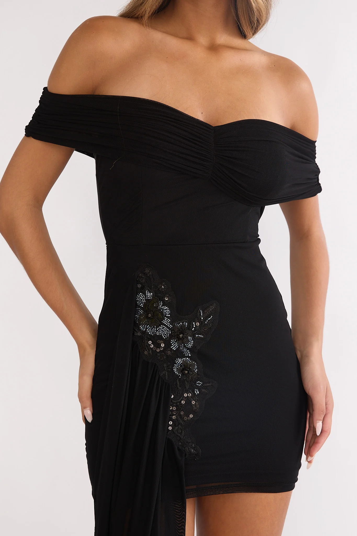 Dahlisse Off-Shoulder Sash Mini Dress Black - Image 3