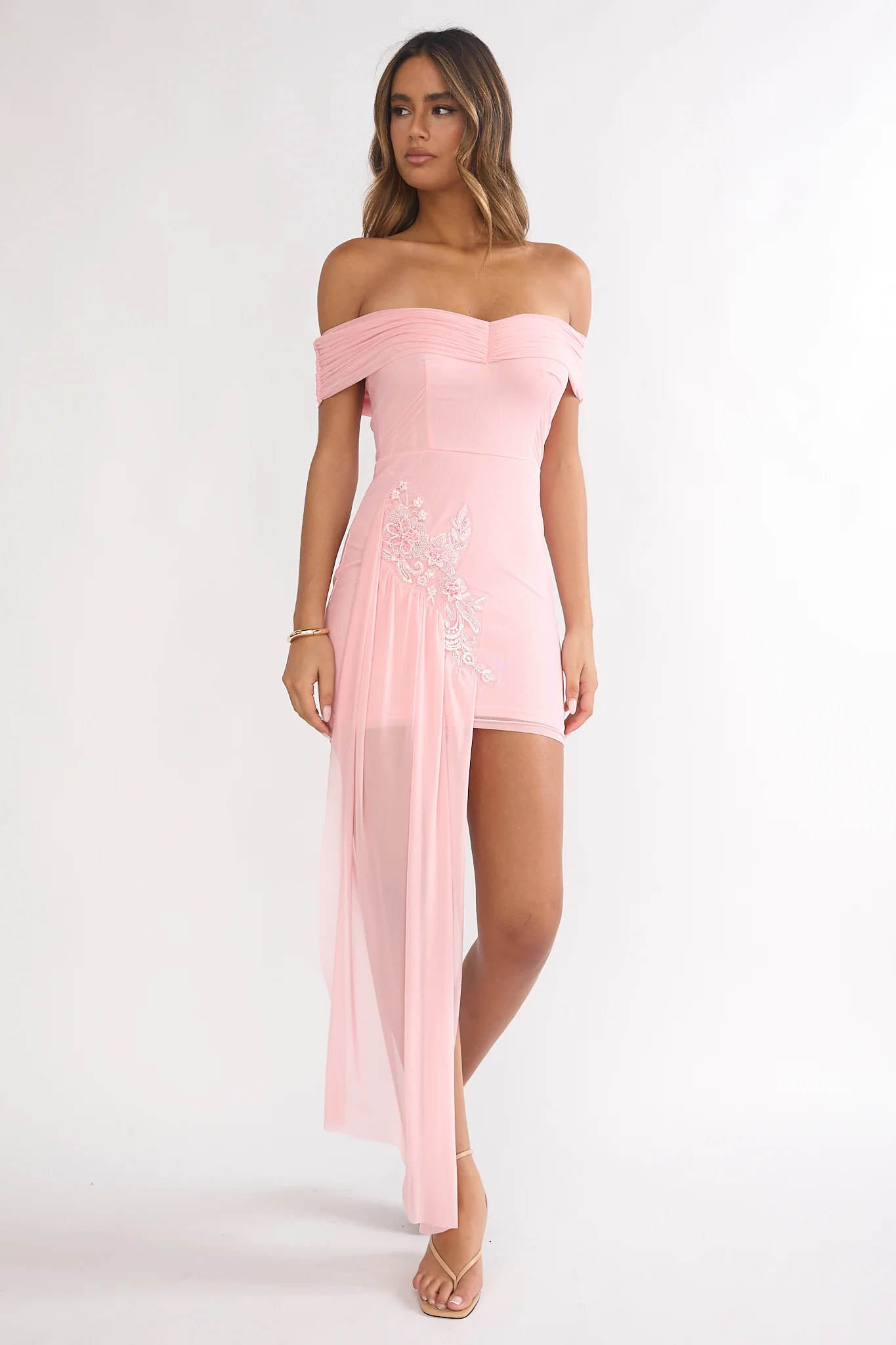 Dahlisse Off-Shoulder Sash Mini Dress Blush - Image 5