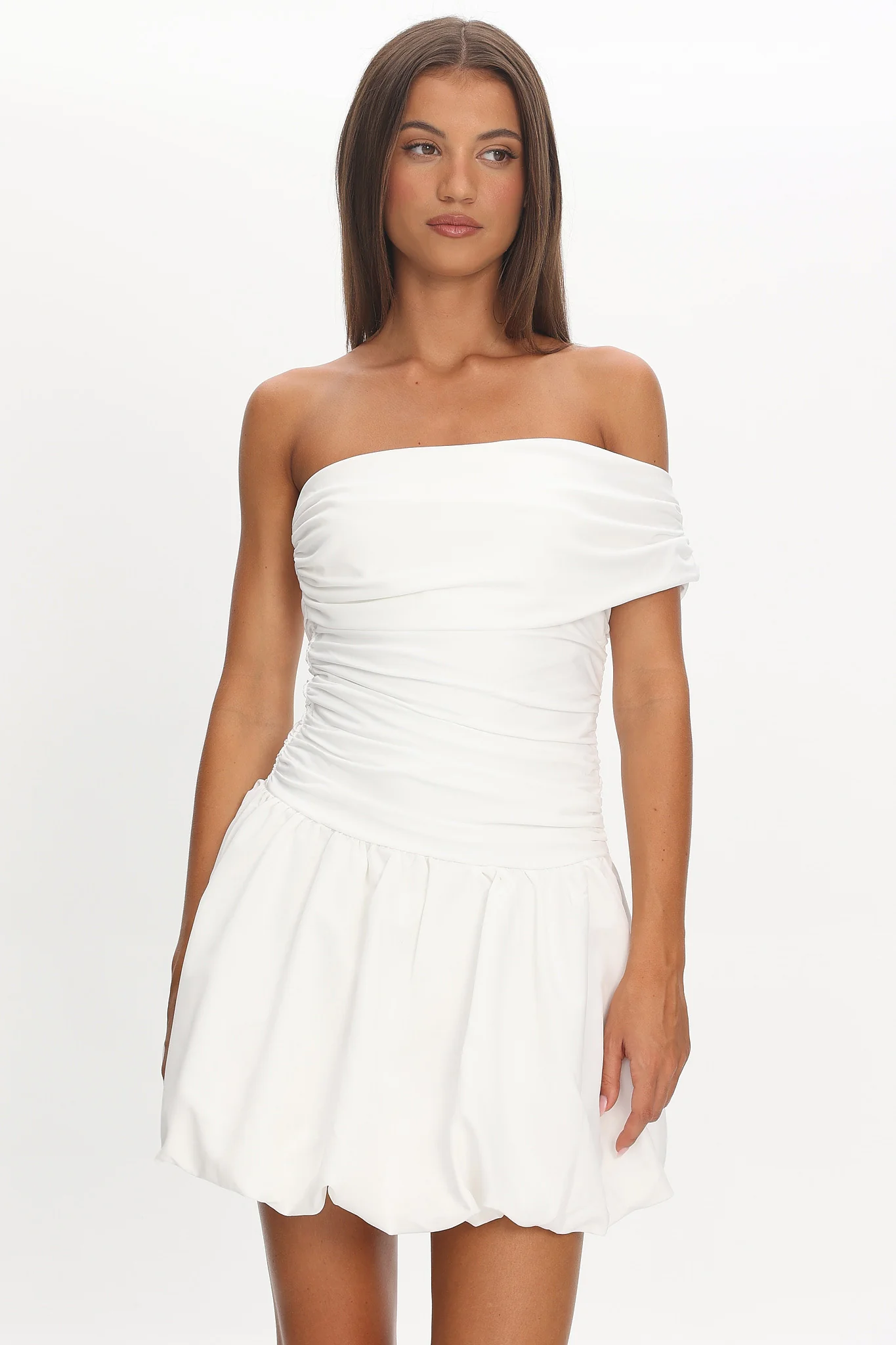 Dalayla One-Sleeve Balloon Skirt Mini Dress White - Image 2