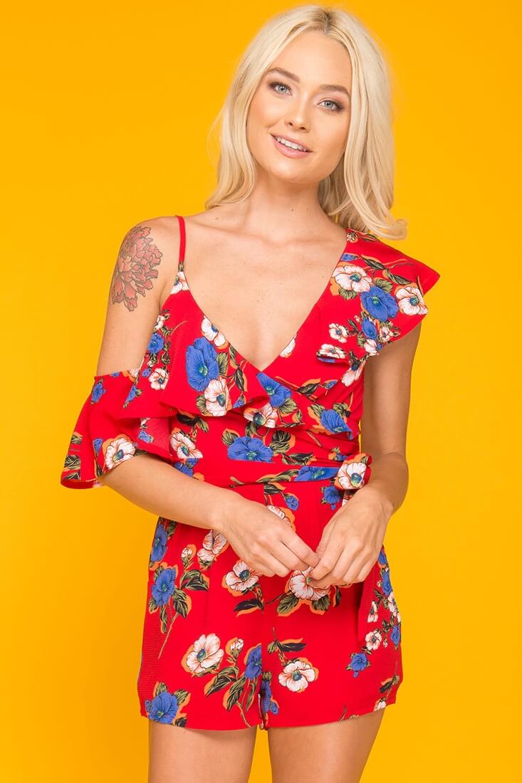 Daleyza Ruffled Floral Romper Red & Blue - Image 3