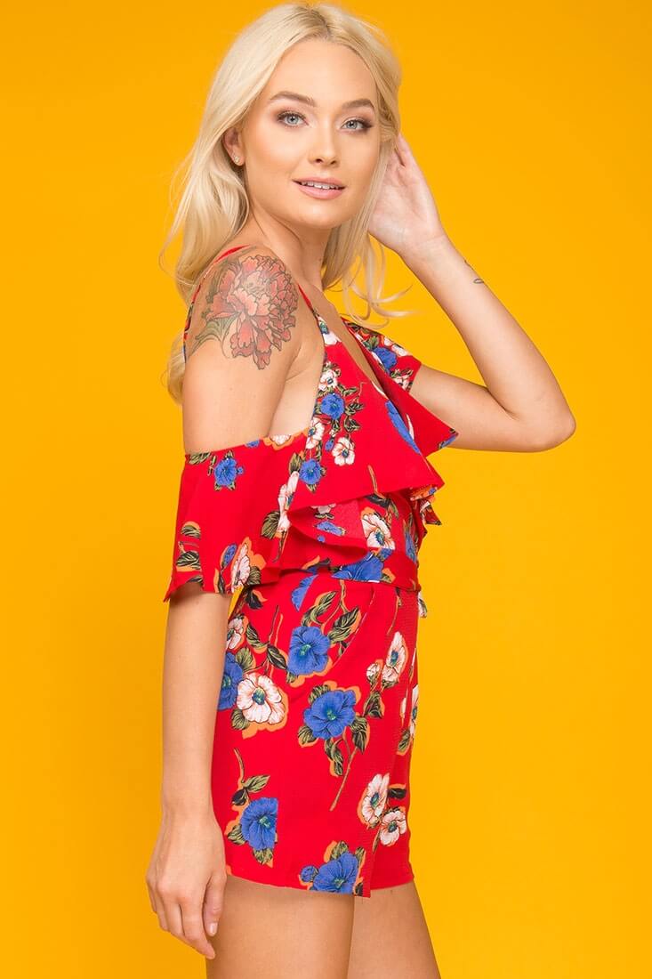 Daleyza Ruffled Floral Romper Red & Blue - Image 5