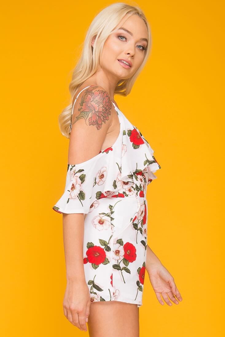 Daleyza Ruffled Floral Romper White & Red - Image 4
