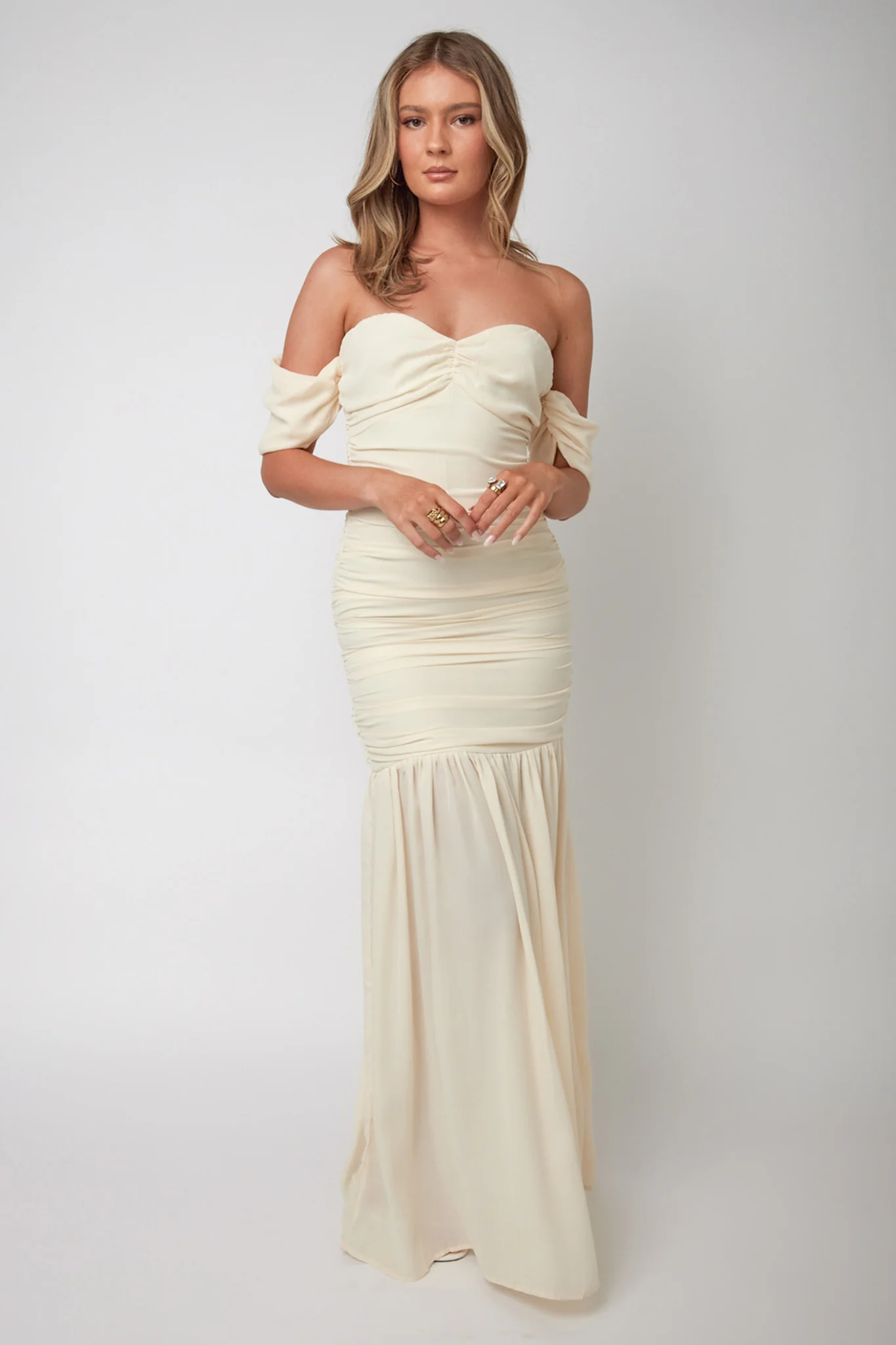 Dalisha Off Shoulder Ruched Maxi Dress Cream - Image 5