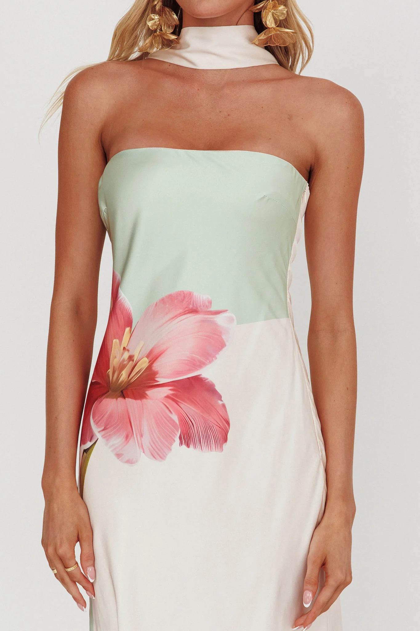 Damsel Reverse Halter Maxi Dress Flower Green - Image 4