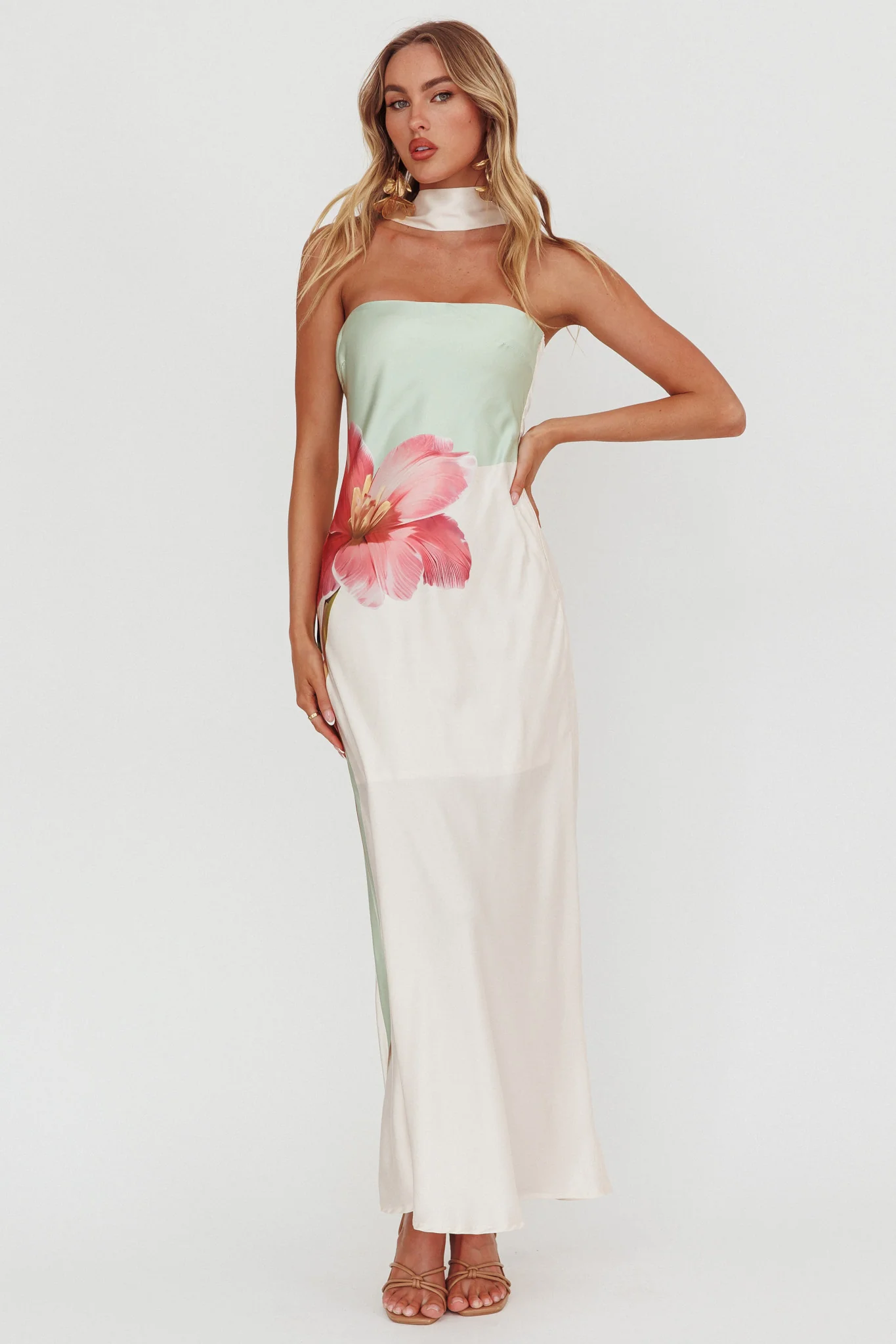 Damsel Reverse Halter Maxi Dress Flower Green - Image 5