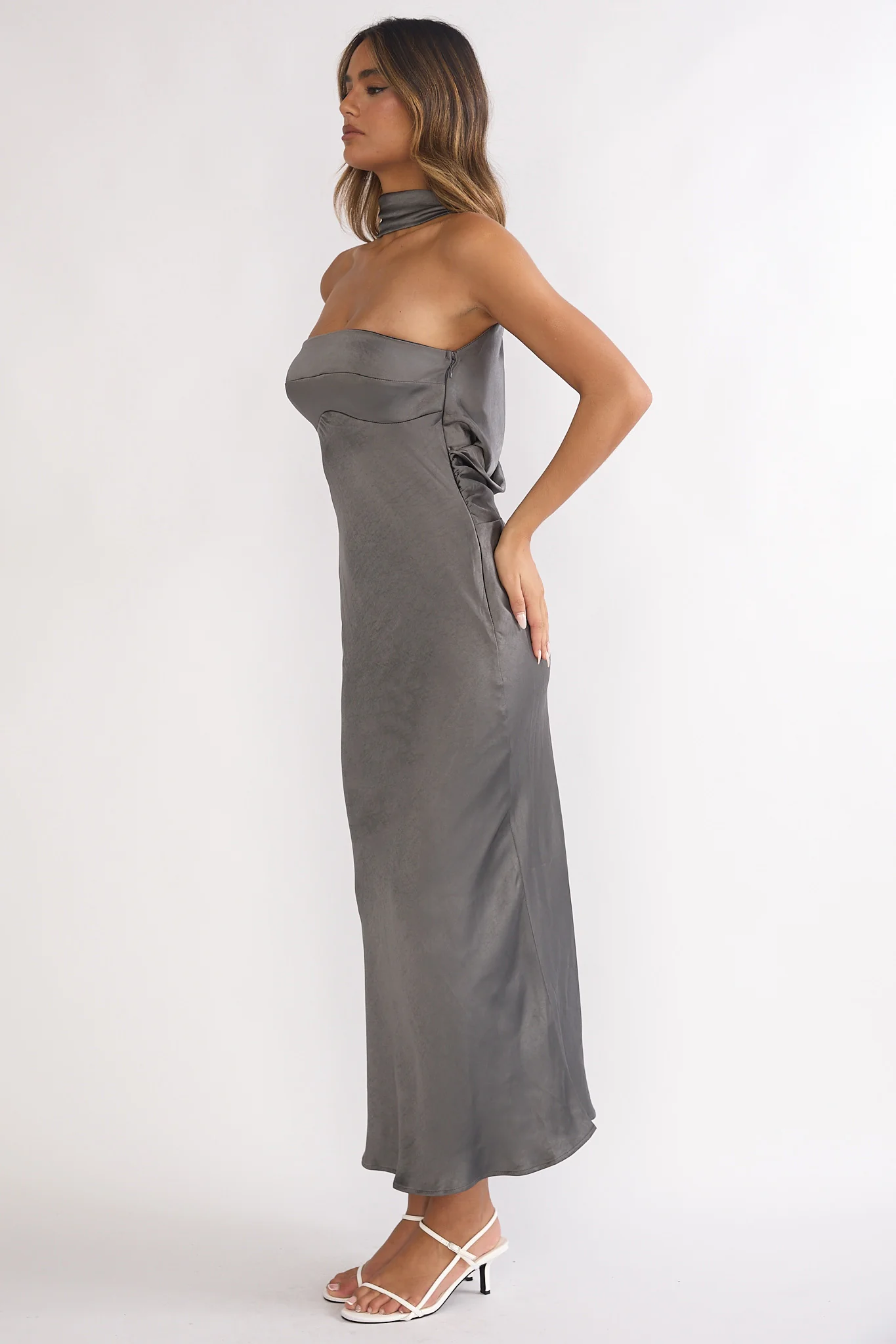 Damsel Reverse Halter Maxi Dress Satin Charcoal - Image 4