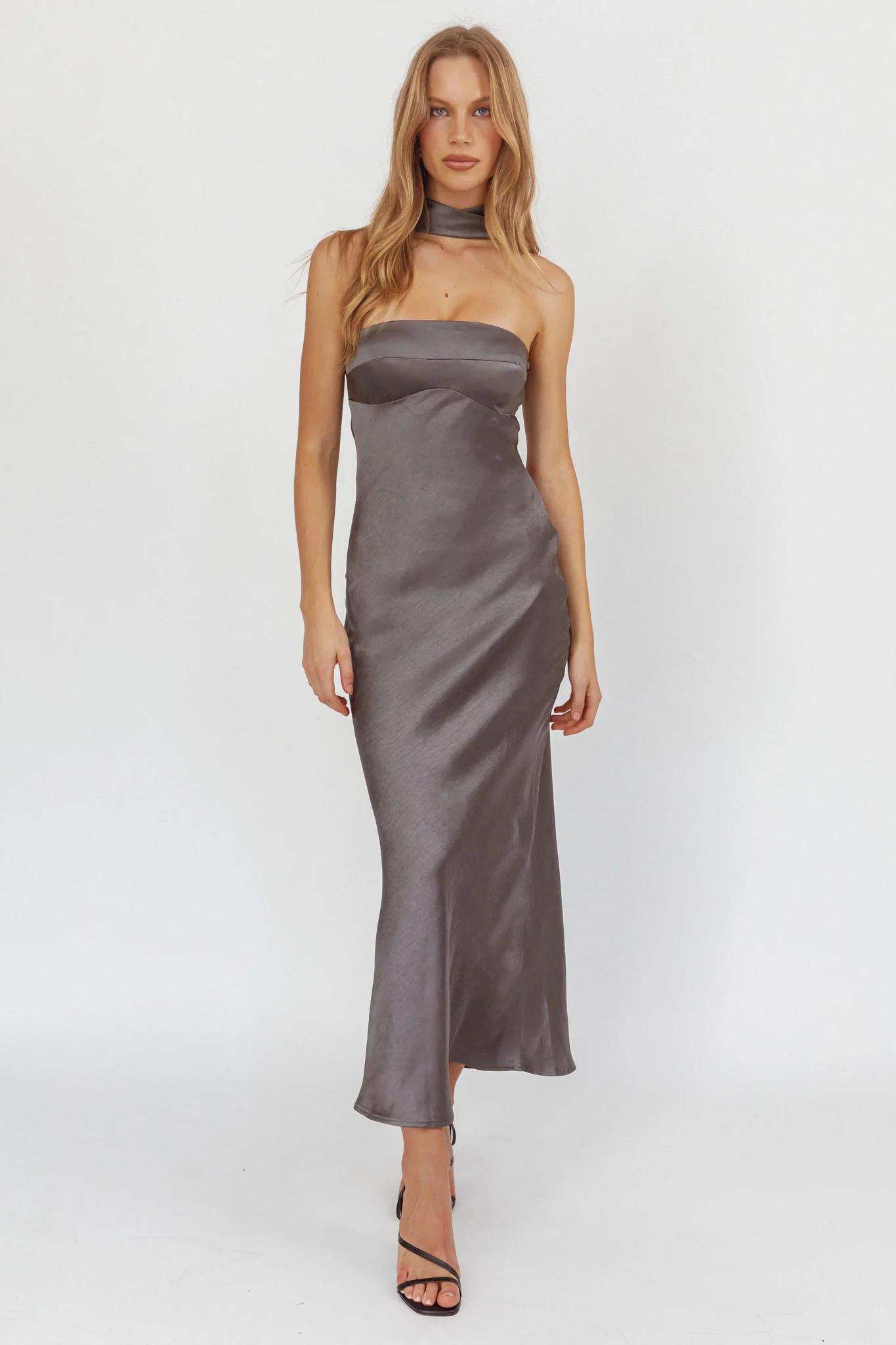 Damsel Reverse Halter Maxi Dress Satin Charcoal - Image 7