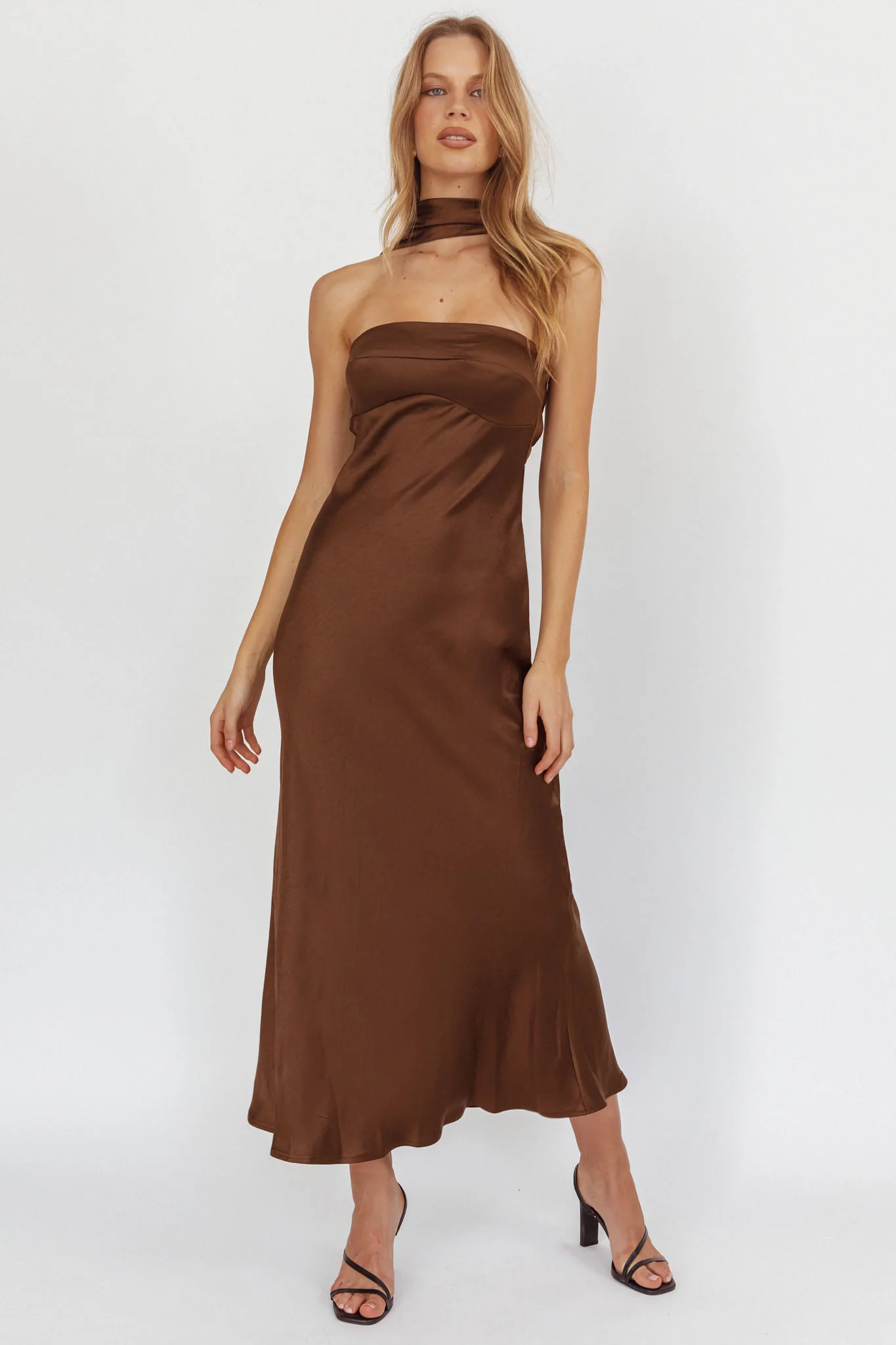 Damsel Reverse Halter Maxi Dress Satin Chocolate - Image 4