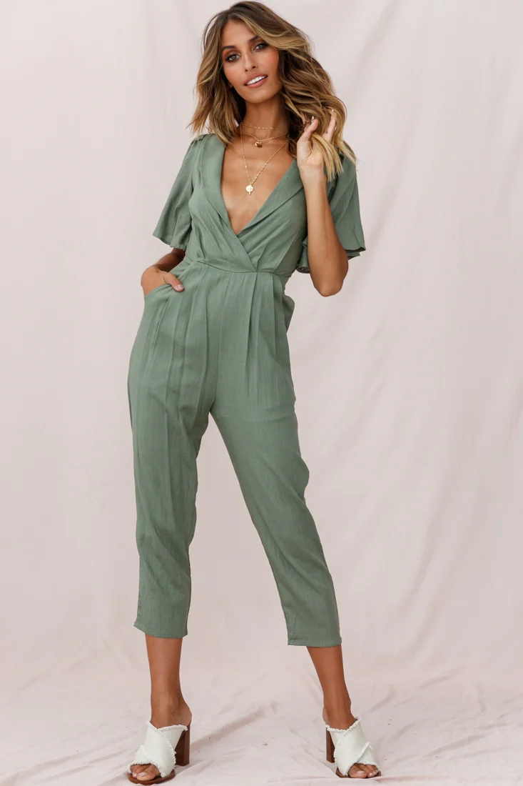 Dana Straight Leg Collared Neck Jumpsuit Olive - Image 2