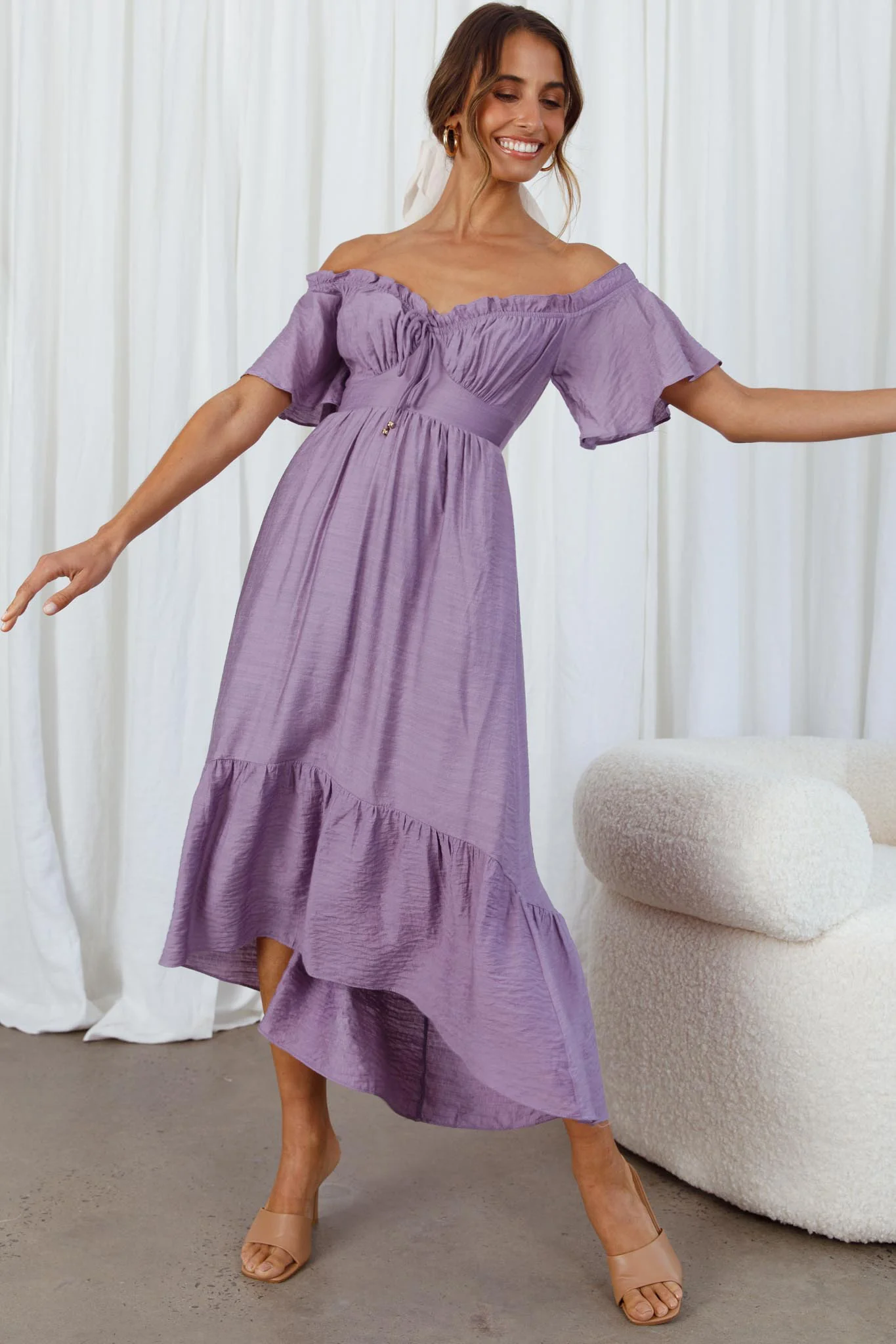Dandelion Off-Shoulder Tied Back Midi Dress Purple - Image 4