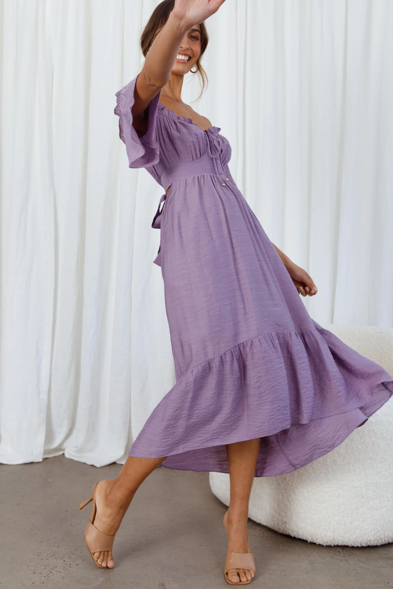 Dandelion Off-Shoulder Tied Back Midi Dress Purple - Image 6