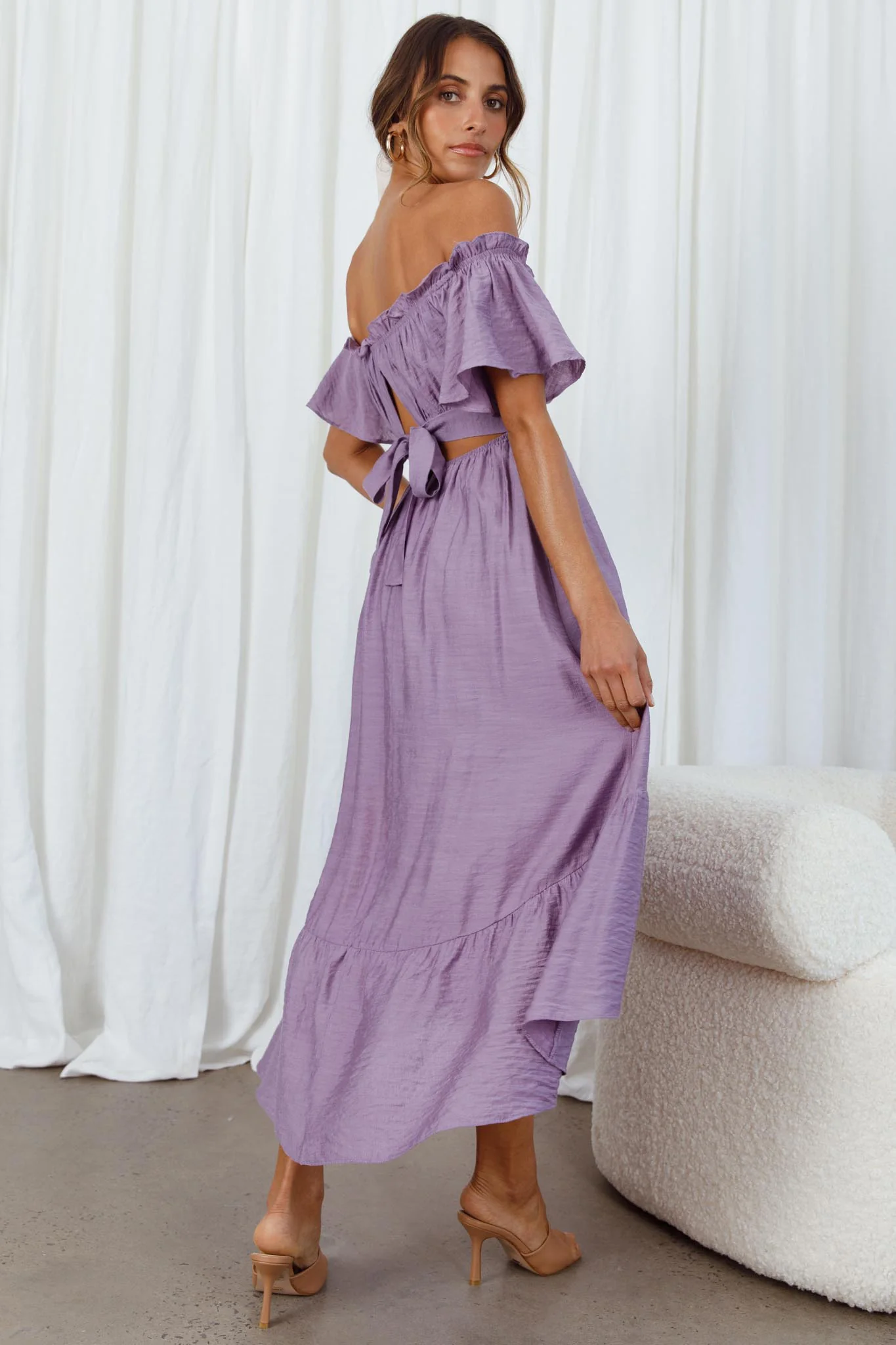 Dandelion Off-Shoulder Tied Back Midi Dress Purple - Image 7