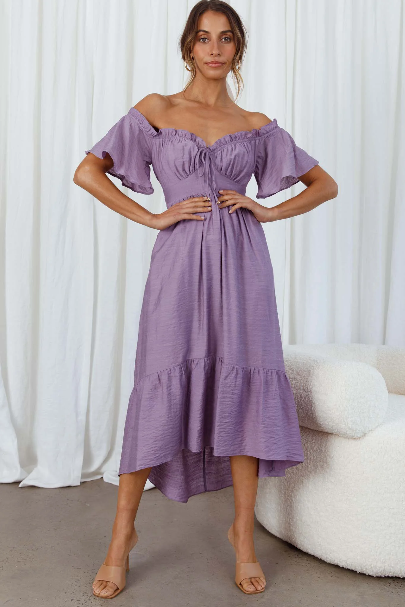 Dandelion Off-Shoulder Tied Back Midi Dress Purple - Image 8