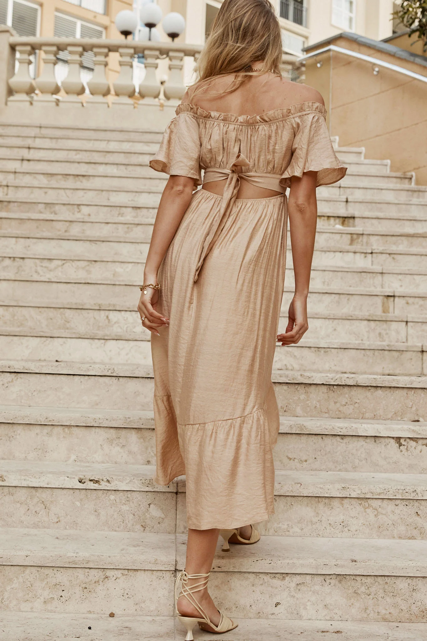 Dandelion Off-Shoulder Tied Back Midi Dress Sand - Image 2