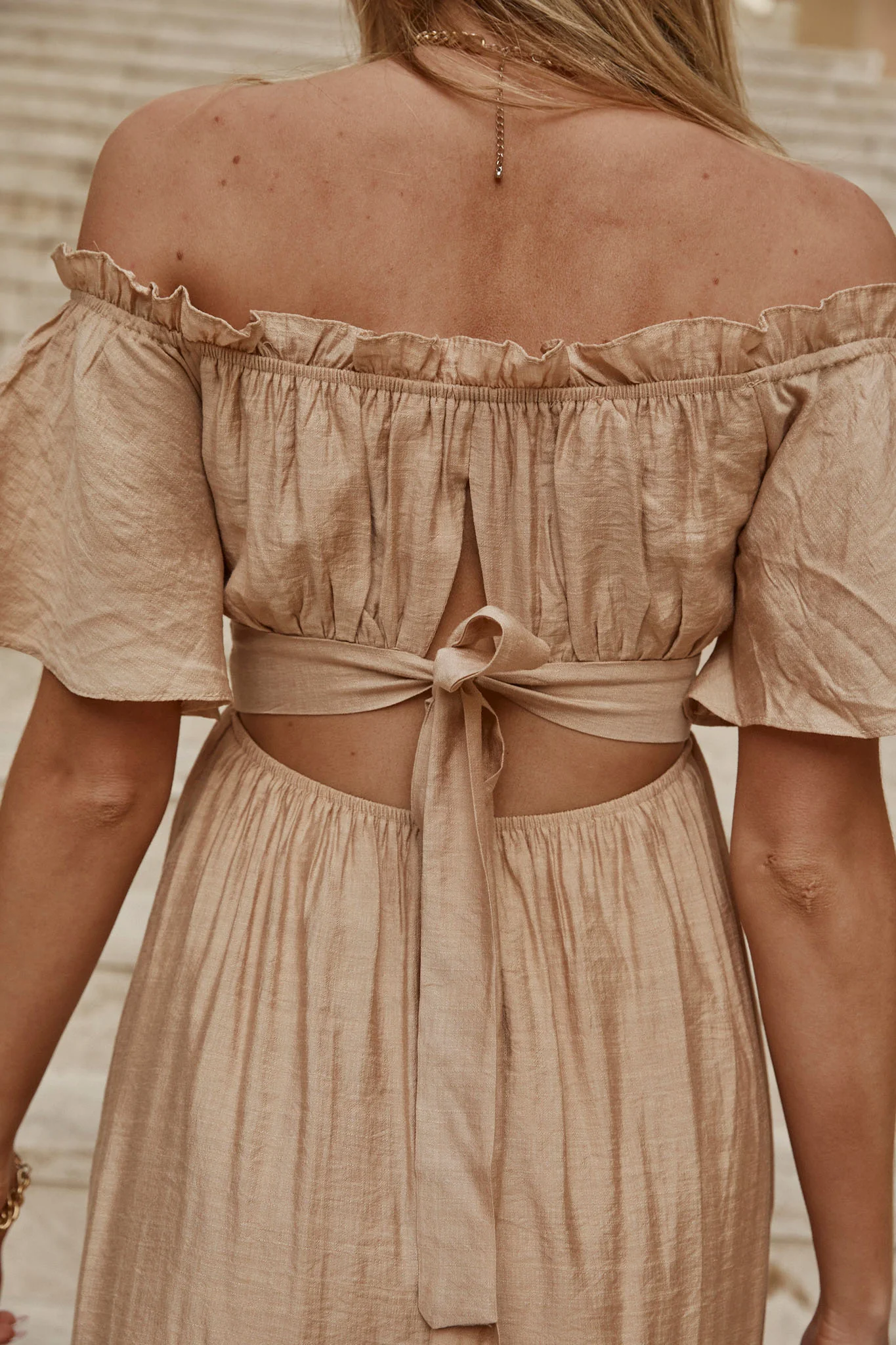 Dandelion Off-Shoulder Tied Back Midi Dress Sand - Image 7